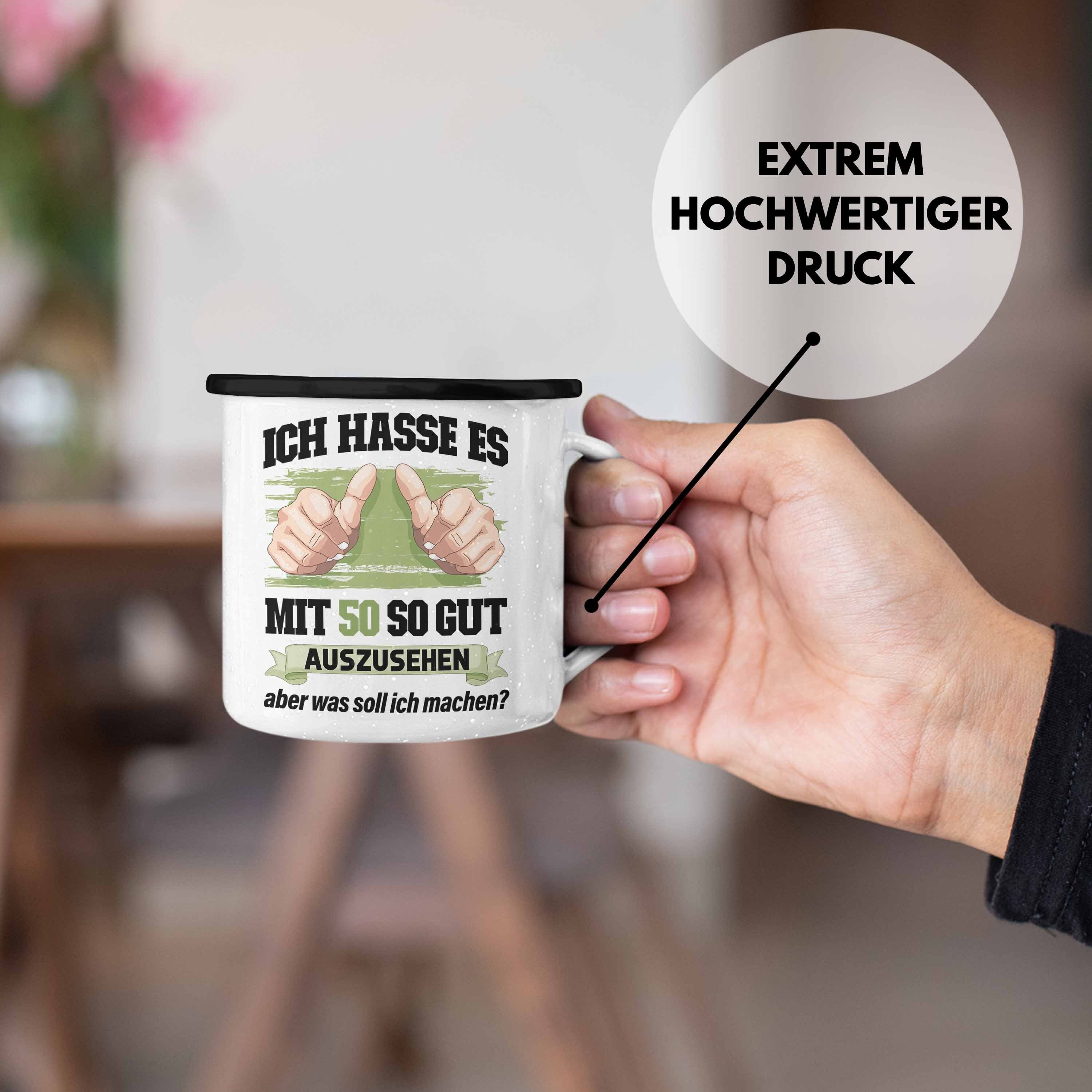 50er Deko - Männer 50 Mann Frauen Thermotasse Geschenk Emaille Lustig Geschenke Frau Trendation Mutter Geschenkidee 50. Tasse Vater Schwarz Trendation Geburtstag