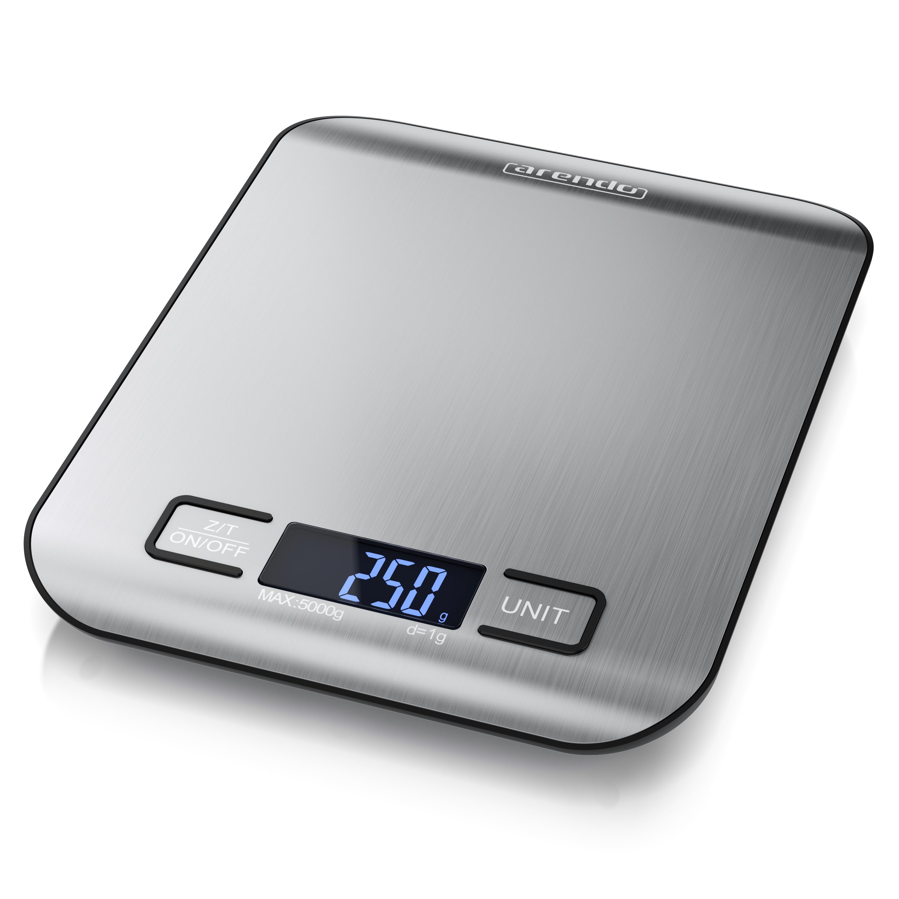 Arendo Küchenwaage bis 5kg, Digitale Lebensmittelwaage aus Edelstahl, Messgenauigkeit 1g, (1-tlg), Kaffeewaage, automatische Abschaltung, Tara-Funktion, weißes Display