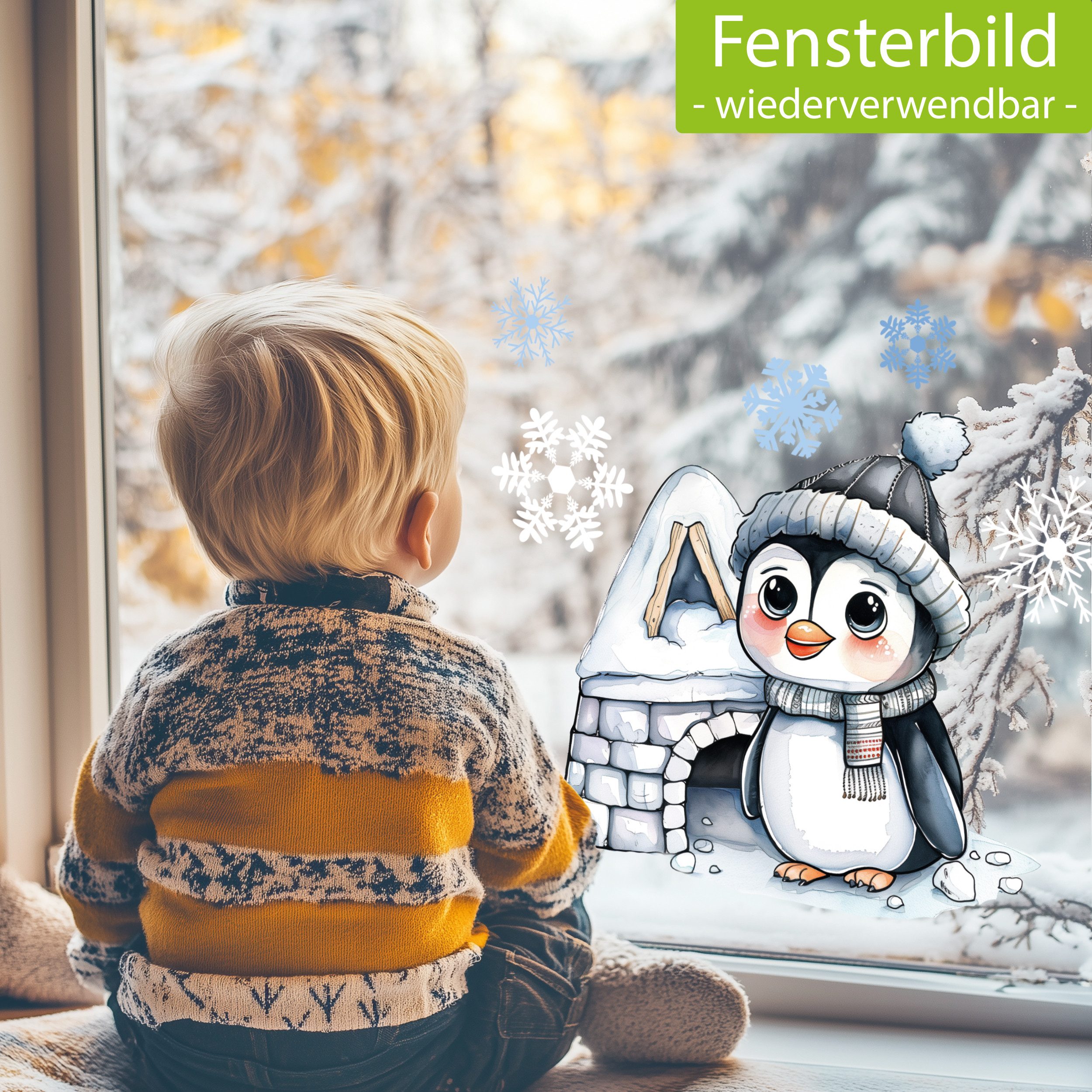 Sunnywall Fensterdekoration Kinderzimmer Fensterbild Winter Pinguin mit Igl günstig online kaufen