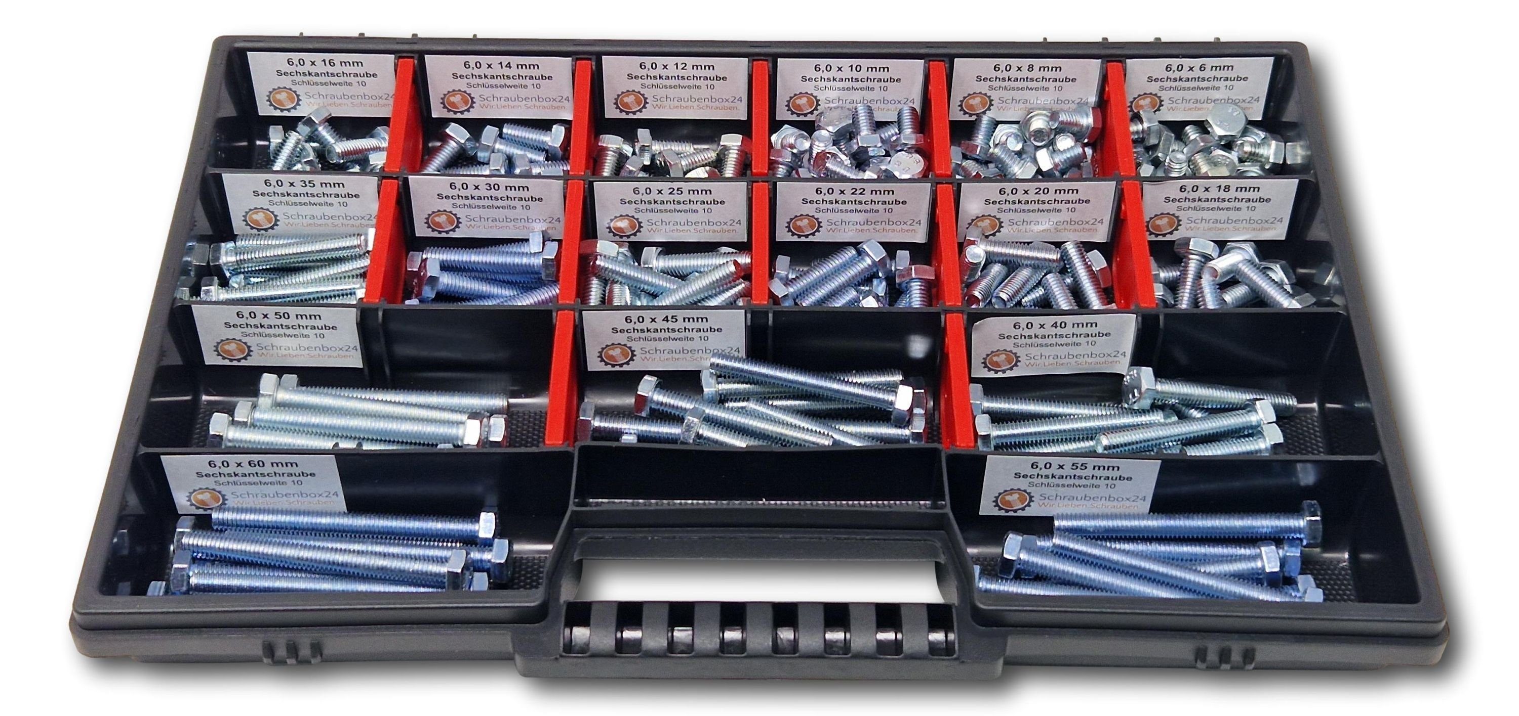 Schraubenbox24 Sechskantschraube Sortiment M6 // 6mm-60mm, (M-Box, 200 St., DIN 933,ISO 4017), 200 Stück Sechskantschrauben