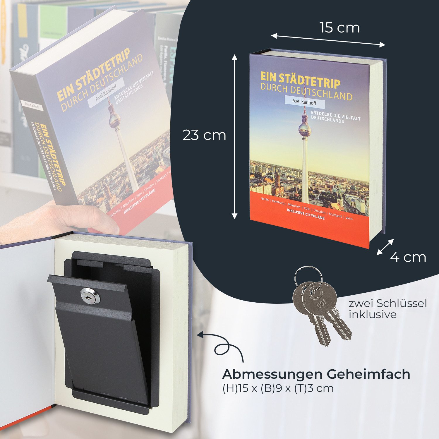 HMF Buchtresor Buchtresor Geldkassette mit echten Papierseiten, Geheimversteck für Wertsachen, 23 x 15 x 4 cm, Städtetrip Deutschland – Bild 5 von 5