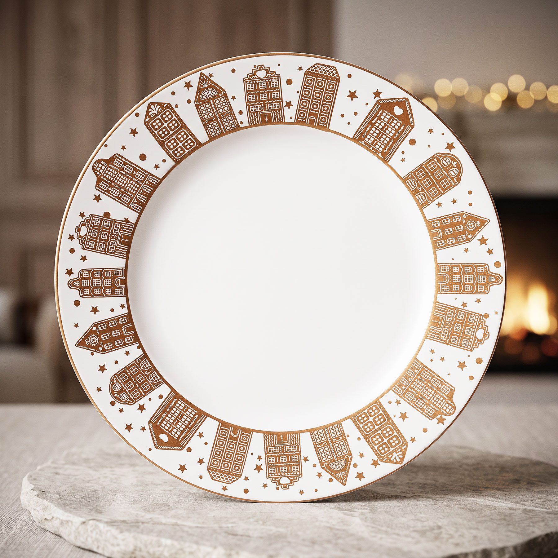 Levandeo® Dekoteller Platzteller Weihnachten 33cm Deko Teller Häusermotiv Beige Melamin Tis