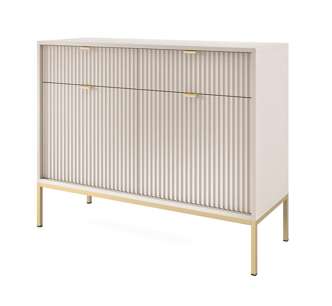 Feldmann-Wohnen Kommode Nova (2 Schubladen, 2 Türen, 2 Einlegeböden, 1 St., Riffel-Optik Front, goldfarbene Metallgriffe, ABS-Kanten), 104x39x83cm, Fronten mit ausdrucksstarkem geriffelten Muster