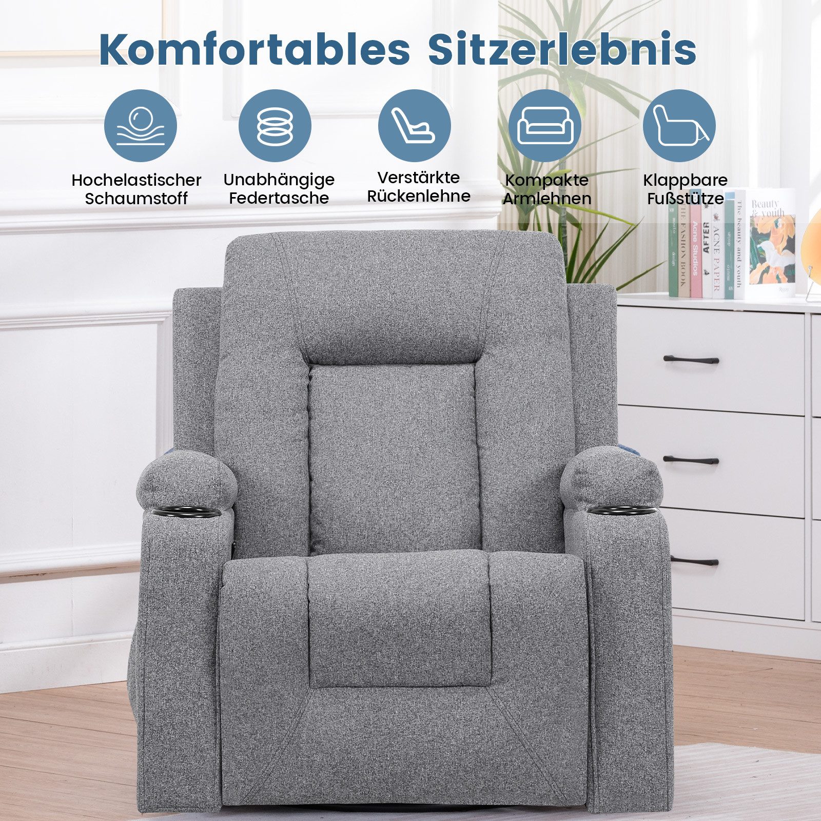 COMHOMA Relaxsessel TV-Sessel aus Stoff/Kunstleder mit Liegefunktion Fernsehsessel (Relaxsessel mit Liegefunktion), mit Wippfunktion und Relaxfunktion
