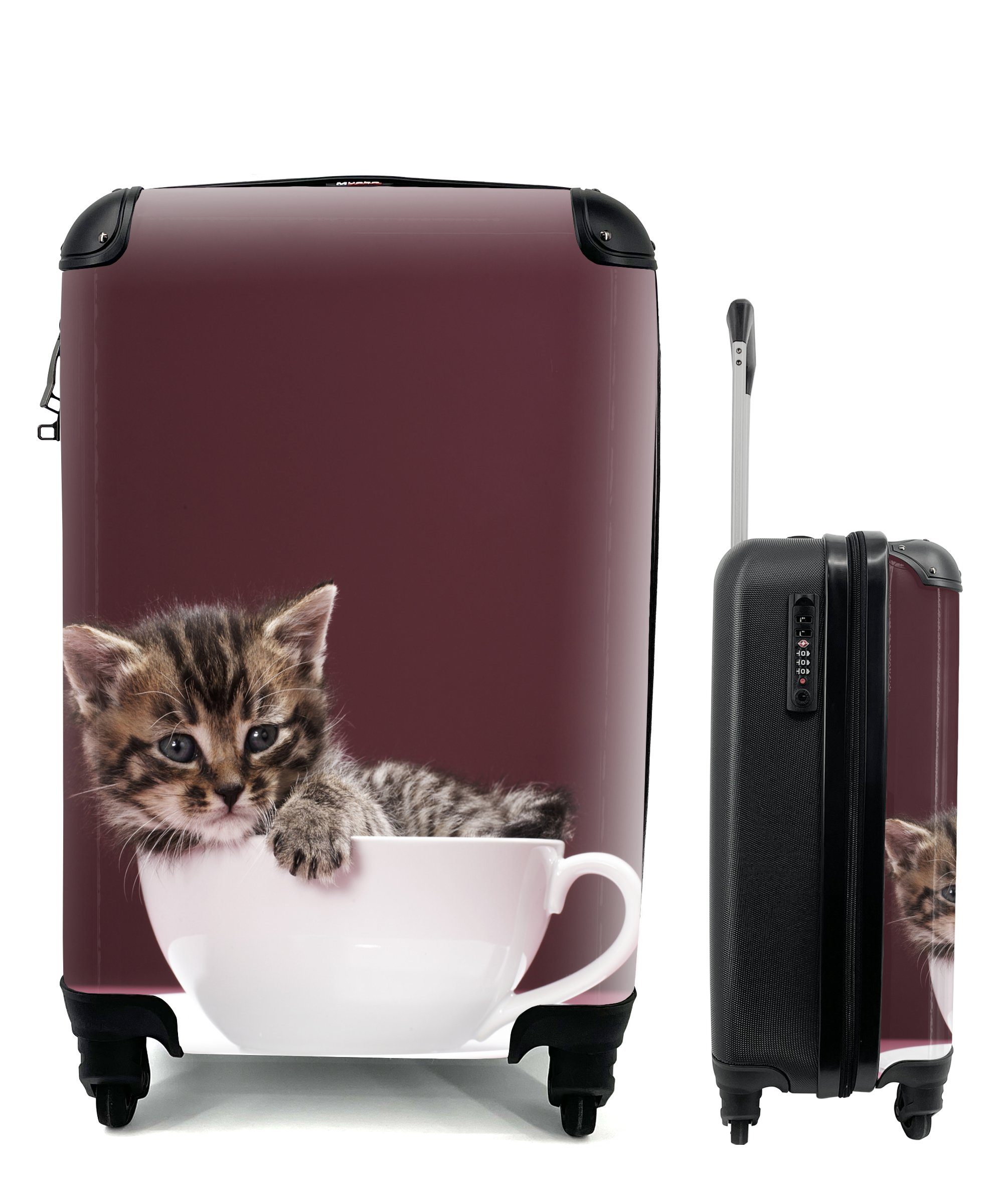 MuchoWow Handgepäckkoffer Ein Kätzchen in einer Tasse mit Untertasse, 4 Rollen, Reisetasche mit rollen, Handgepäck für Ferien, Trolley, Reisekoffer