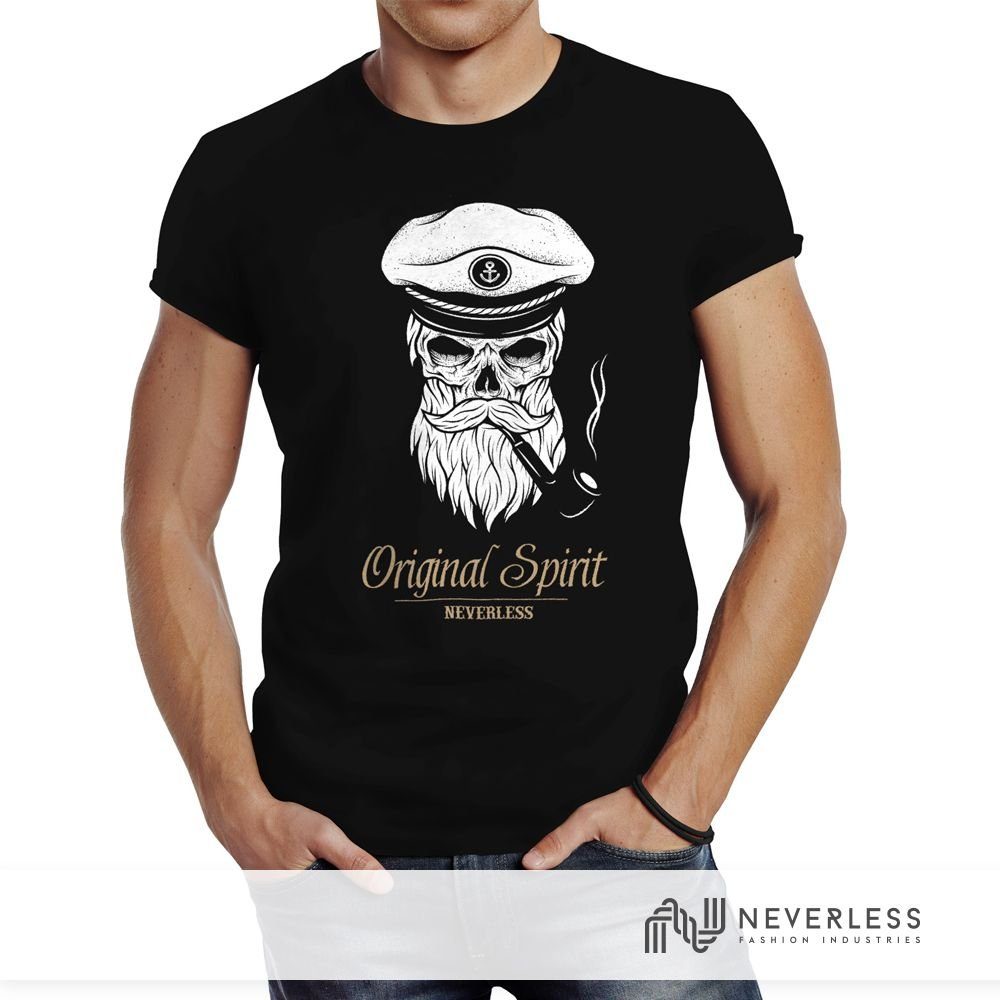 schwarz Neverless® Slim Print-Shirt Hipster Captain Fit mit Totenkopf Kapitän Skull T-Shirt Herren Neverless Print