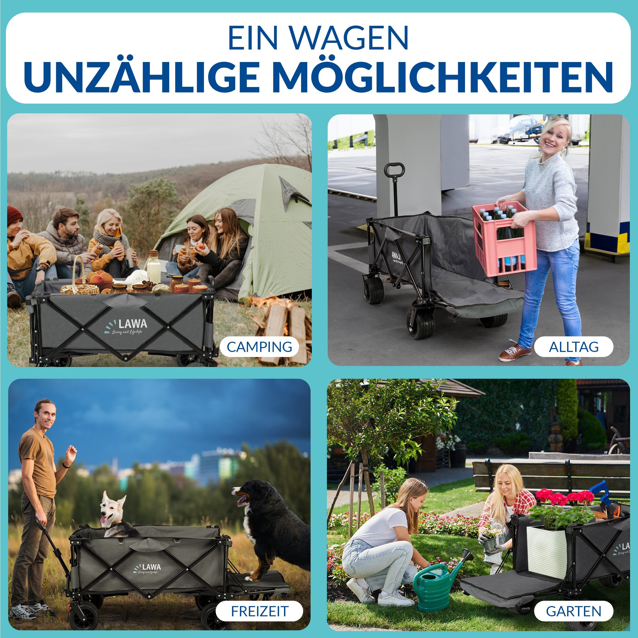 LAWA Living and Lifestyle Folding Wagon without Canopy with Brake, 100kg Load Capacity, 120cm Extendable Length (12.4kg Lightweight, Very Small Pack Size), Foldable Handcart, Rear Door, Grey