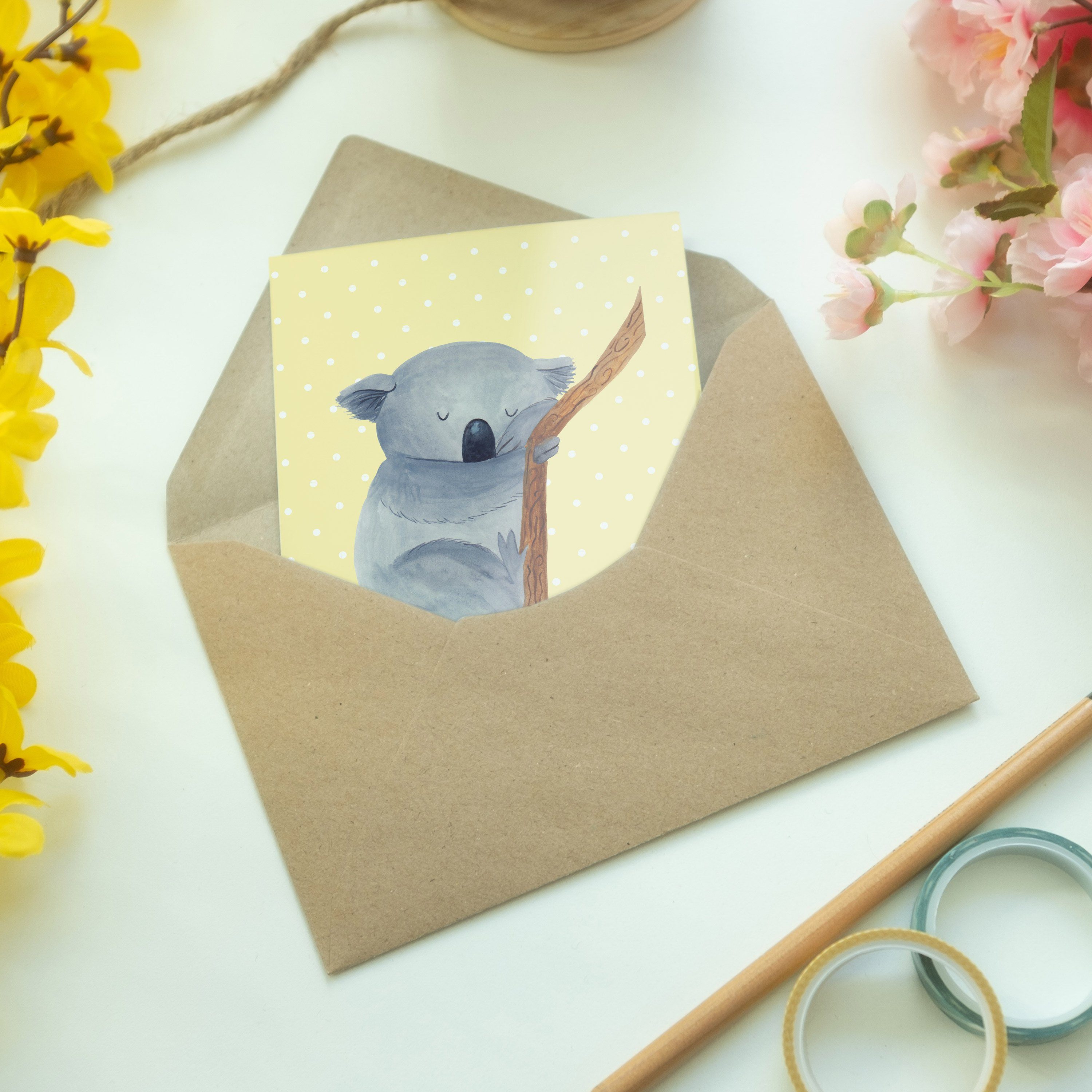 Pastell Geschenk, Mr. Geburtstagskarte Grußkarte & Mrs. Tiere, Gelb Panda - Koalabär schlafen, -