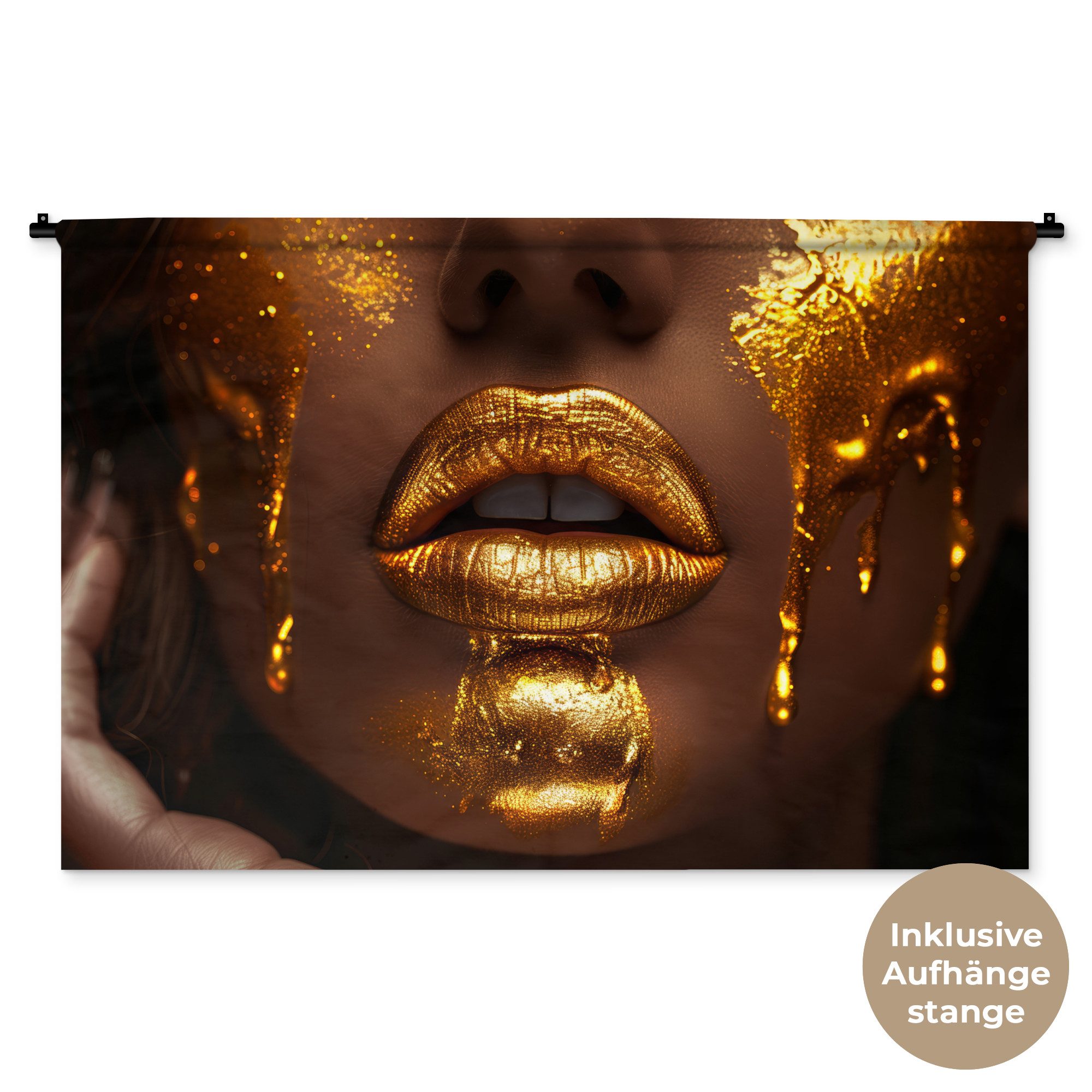 MuchoWow Wandteppich Frau - Gold - Gesicht - Farbe - Lippen, Rechteckig, Höhe: 3 mm, Wandtuch, Wanddekoobjekt, 120x80 cm
