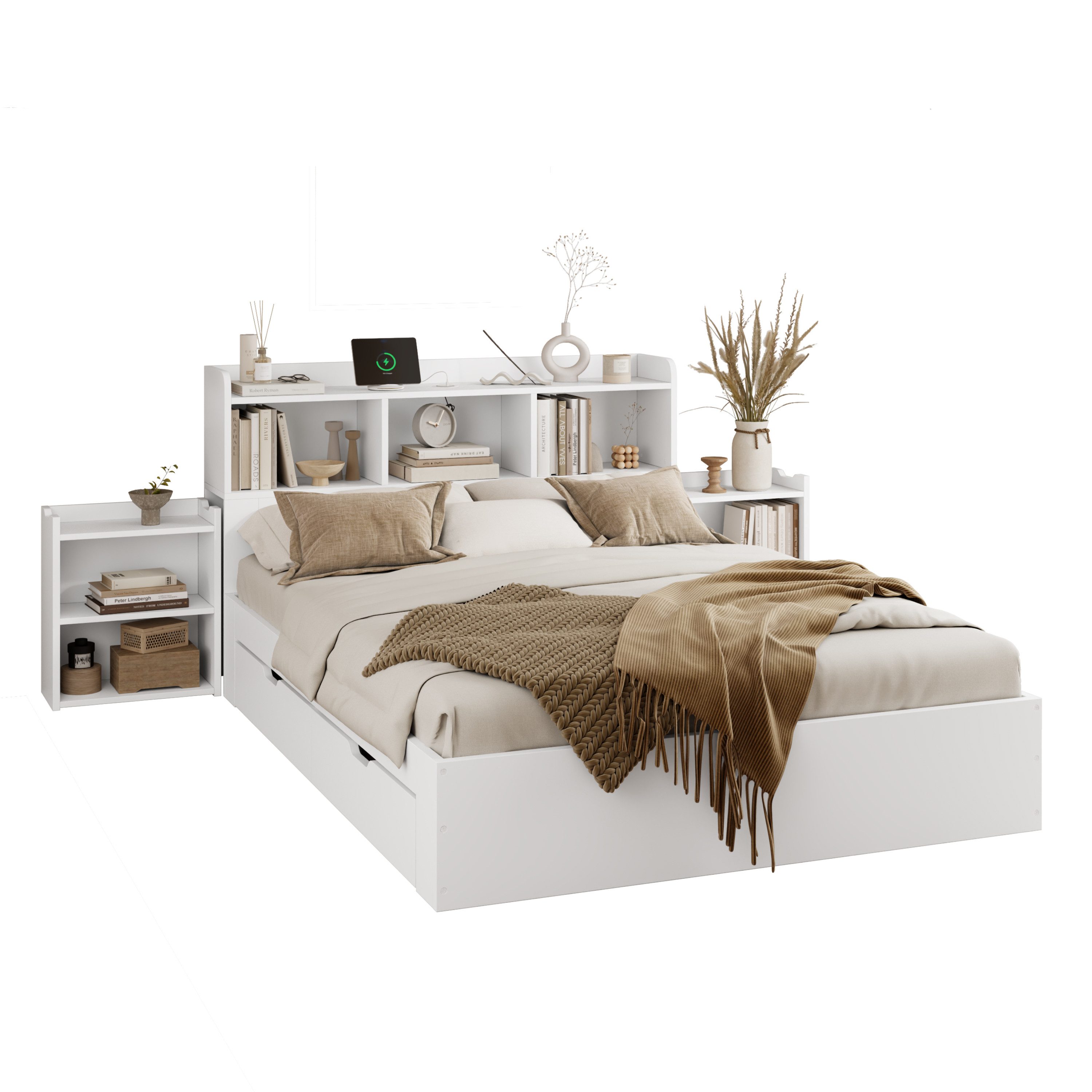 REDOM Holzbett platzsparendes Bett für kleine Wohnungen (Doppelbett mit Handyladefunktion (TYPE C + Wireless Charging), 1-tlg., 140*200 cm, ohne Matratze), mit 2 ausziehbaren Nachttischen, Schubladen und Ablagefächern