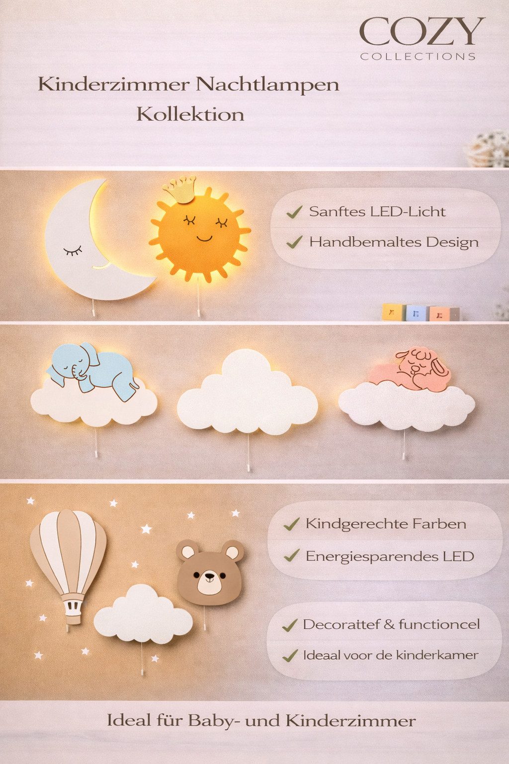 COZYCOLLECTIONS LED Wandleuchte Handbemalte LED-Wandleuchte Wolke in Holzoptik, LED, Warmweiß, 3er-Wolken-Set, MDF, CE-LED, 9V, Zugschalter, 39×24 cm
