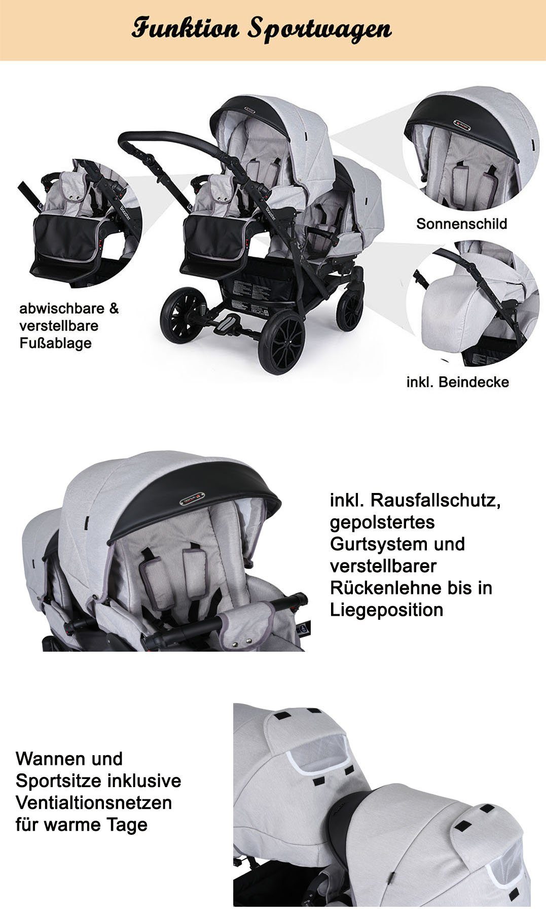 11 4 - 2 Zwillings-Kombikinderwagen Booster - Zwillingskinderwagen in Farben 1 Teile in babies-on-wheels Bordeaux