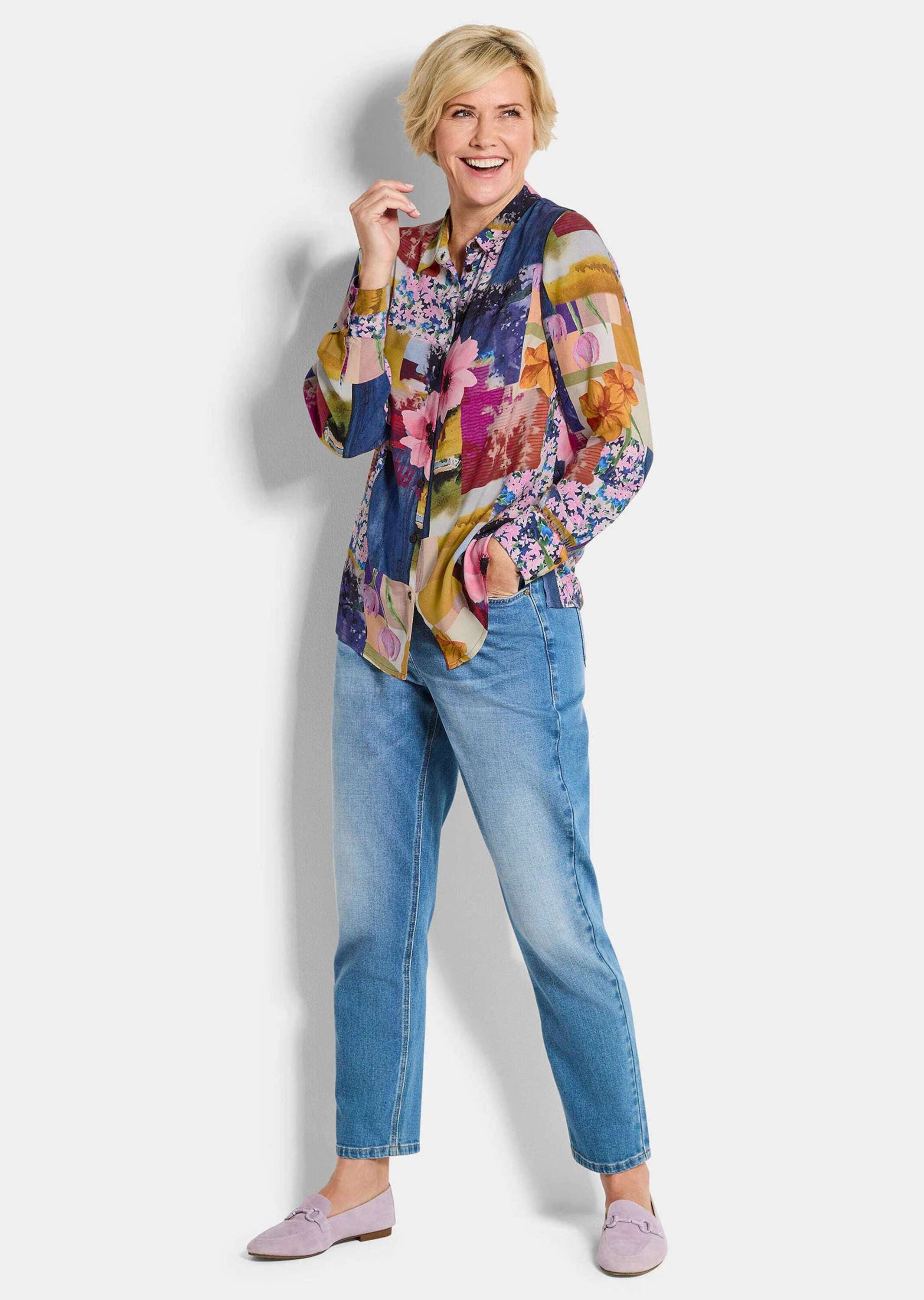 GOLDNER Hemdbluse Viskosebluse mit Patchwork-Print Blusenshirt mit Hemdkragen, Rückenfalte, Knopfleiste und Langarm