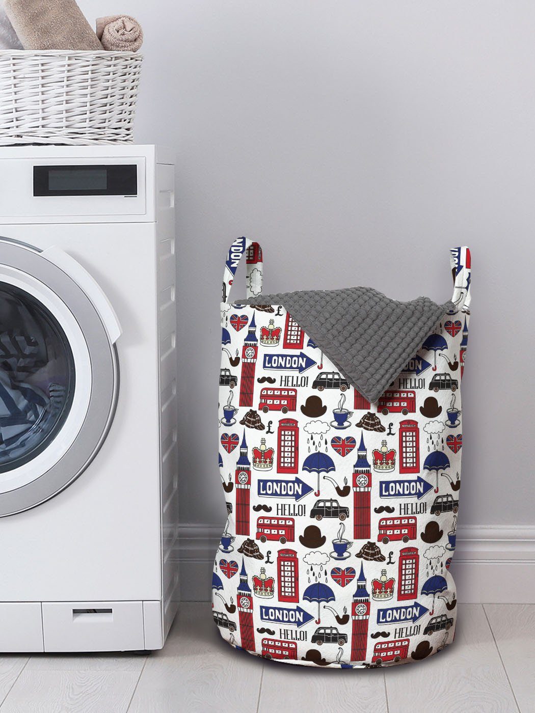 für London UK Englisch Waschsalons, Kordelzugverschluss Wäschesäckchen mit Wäschekorb Abakuhaus Sehenswürdigkeiten Griffen