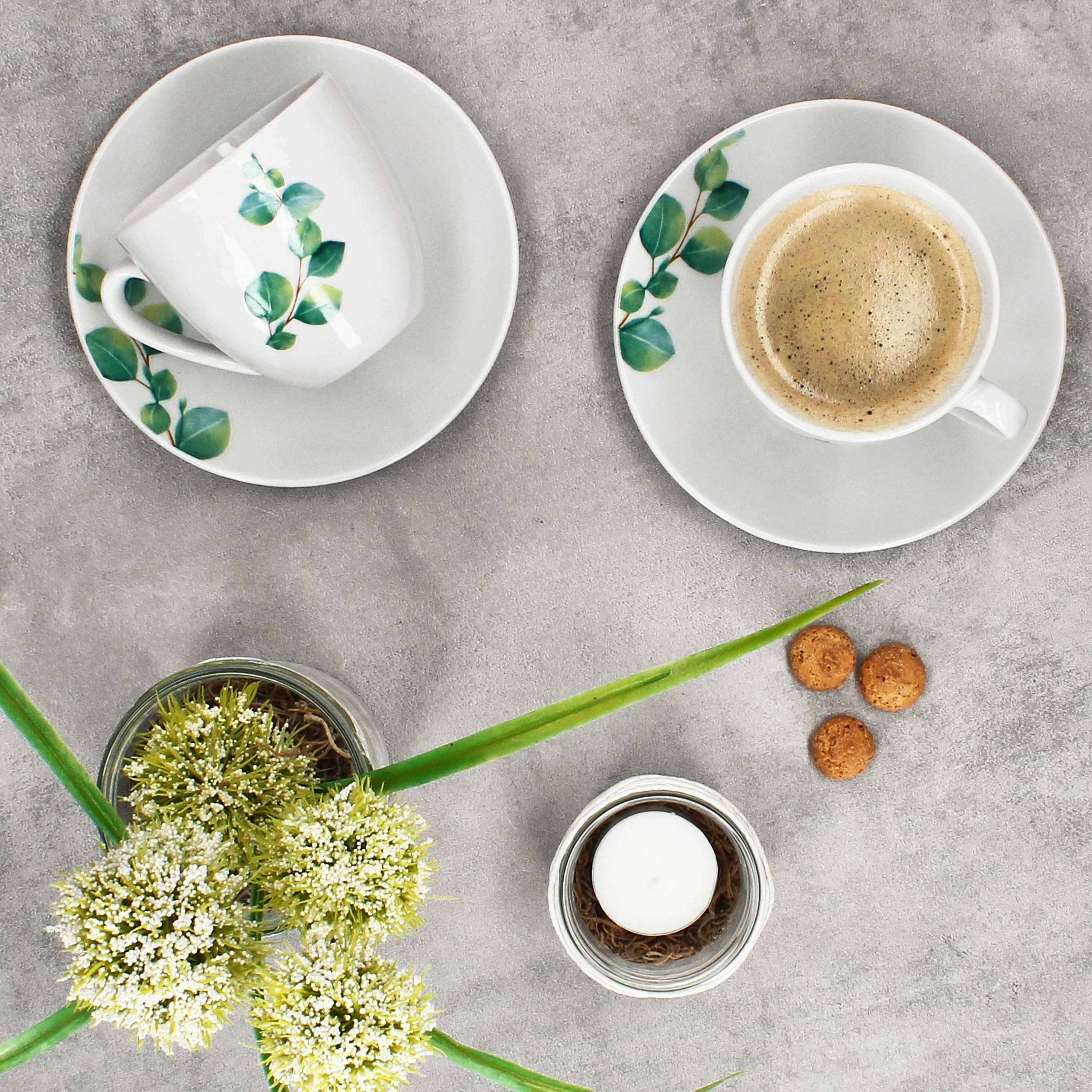 MamboCat Tasse 6er Set Eukalyptus Kaffeetassen mit Untertassen 6 Personen Porzellan, Porzellan