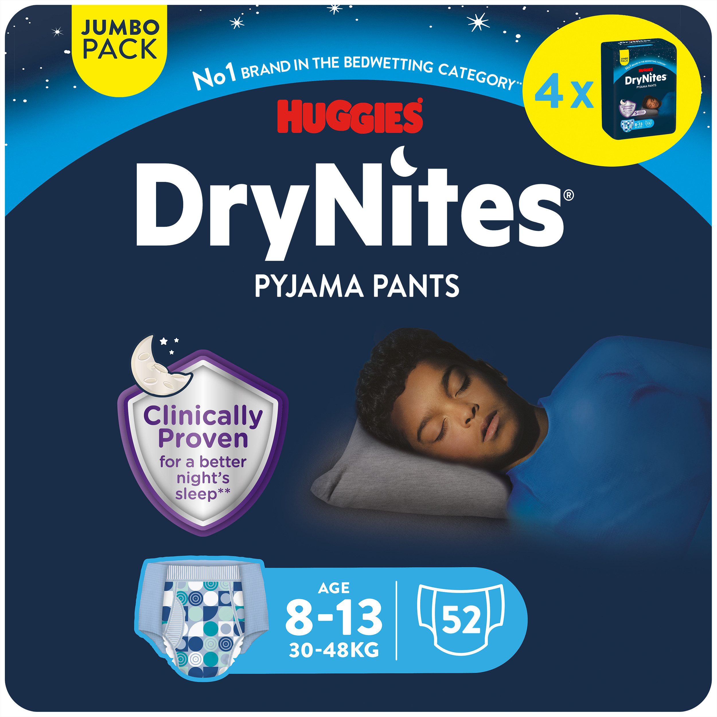 HUGGIES Windeln DryNites Nacht Windeln Jungen 8-13 J. (30-48 kg) 52 Stk (Vorratspack, 52 Windeln), Windelhose
