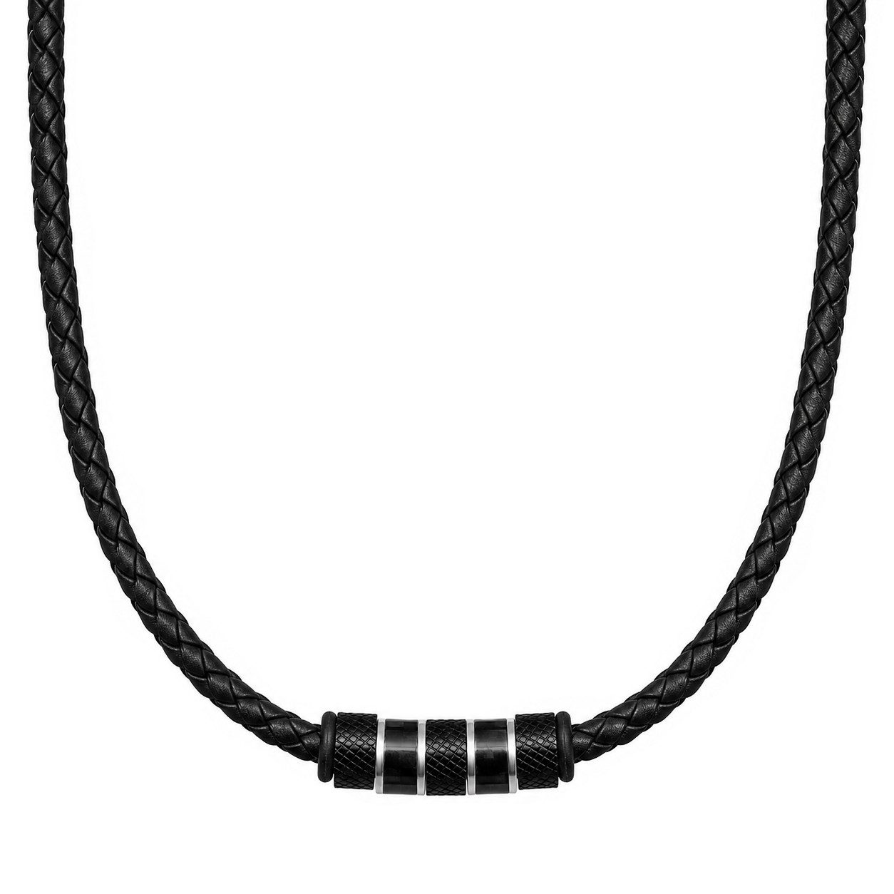 David Galvani Kette mit Anhänger Herren Lederkette Schwarz Echtleder Edelstahl-Beads 5 mm geflochten, Handmade in Deutschland