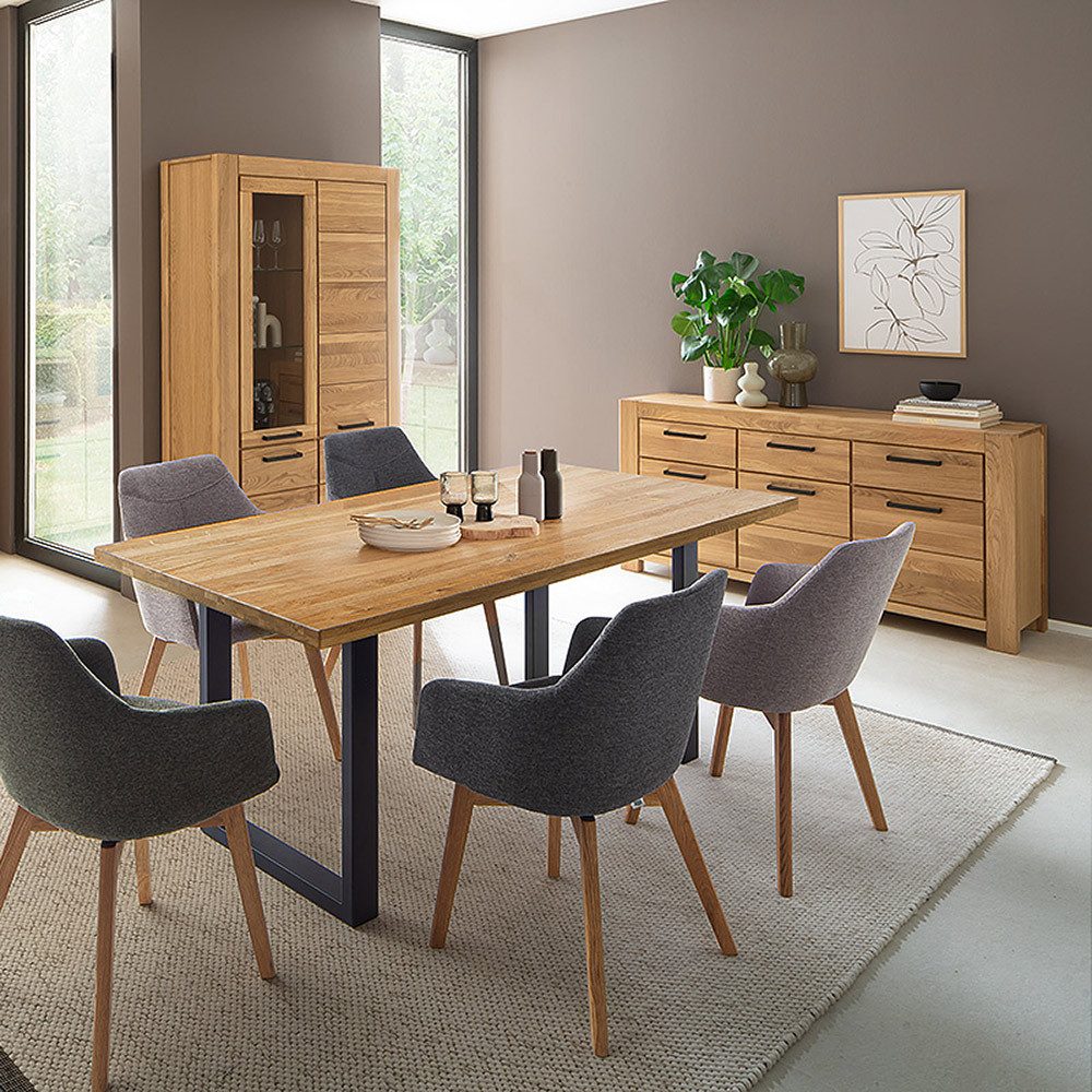 Lomadox Esszimmer-Set SELISTE-06, (Spar-Set, 3-St., Vitrine Sideboard Esstisch), Eiche teilmassiv geölt, Echtholz, Tisch 180x90cm, mit LED-Beleuchtung