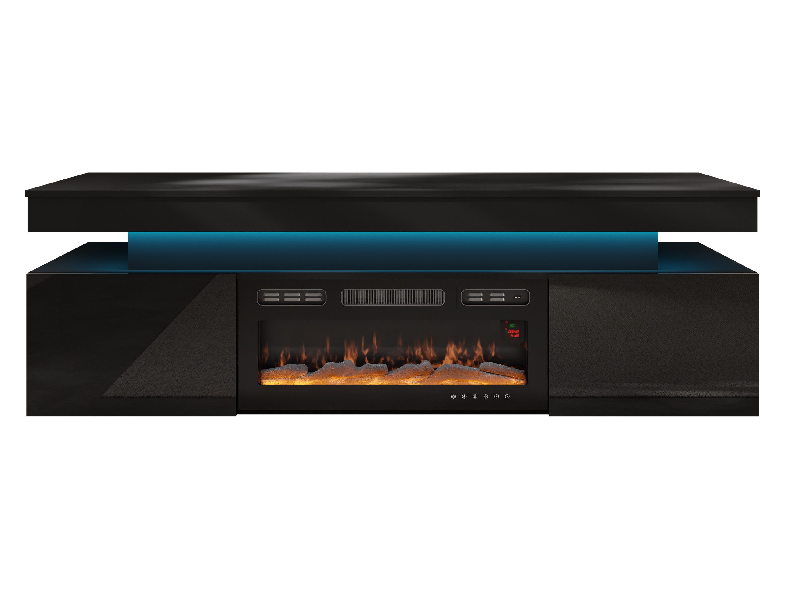 MIRJAN24 TV-Schrank EF 2D Glossa mit Kamin (mit zwei Drehtüren) mit blauer LED-Beleuchtung, Realistische LED-Flamme