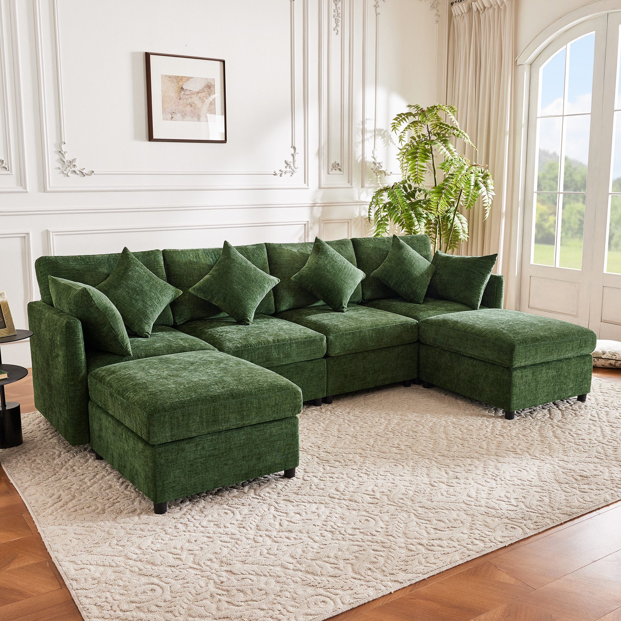 STILVORA Ecksofa mit abnehmbarem Fußhocker U-förmiges Loungesofa modular Chenille Grün, Relaxsofa mit Flexibles, modular aufgebautes Design, für Zuhause, Wohnzimmer, Wohnung