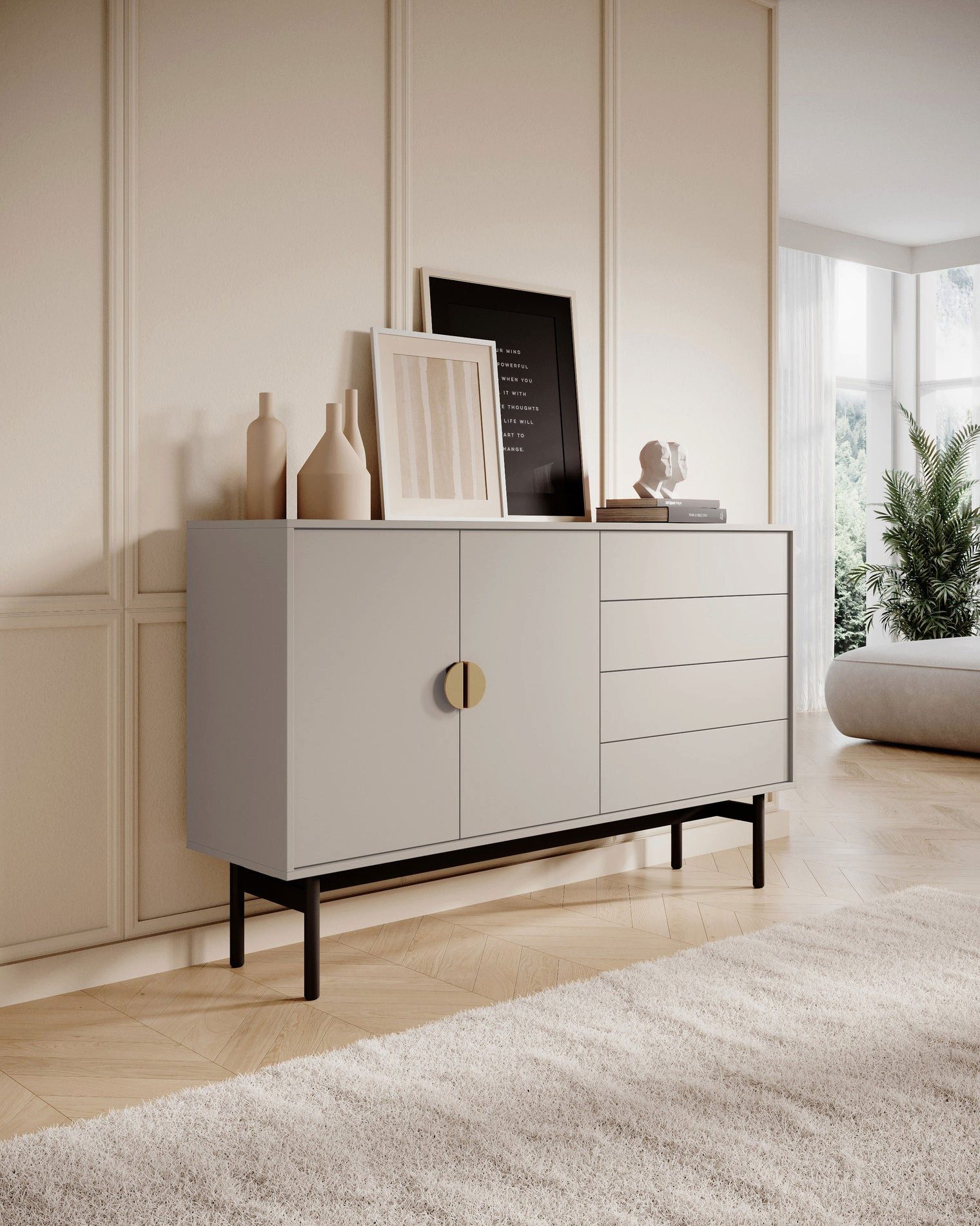 Selsey Sideboard STOON II, Vier Schubladen, zwei Türen, edles Graubeige, viel Stauraum.