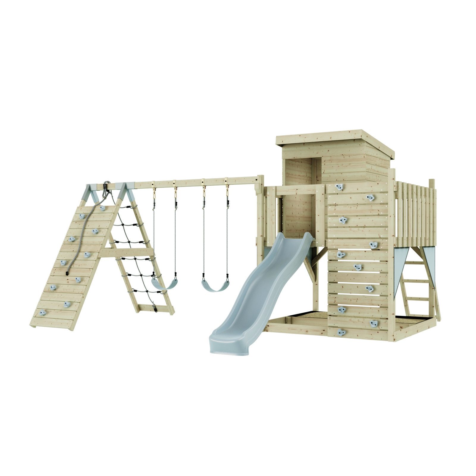 OutdoorToys Spielturm Frida, aus Holz in Eisblau mit Kinderschaukel & Rutsche, Kletterwand