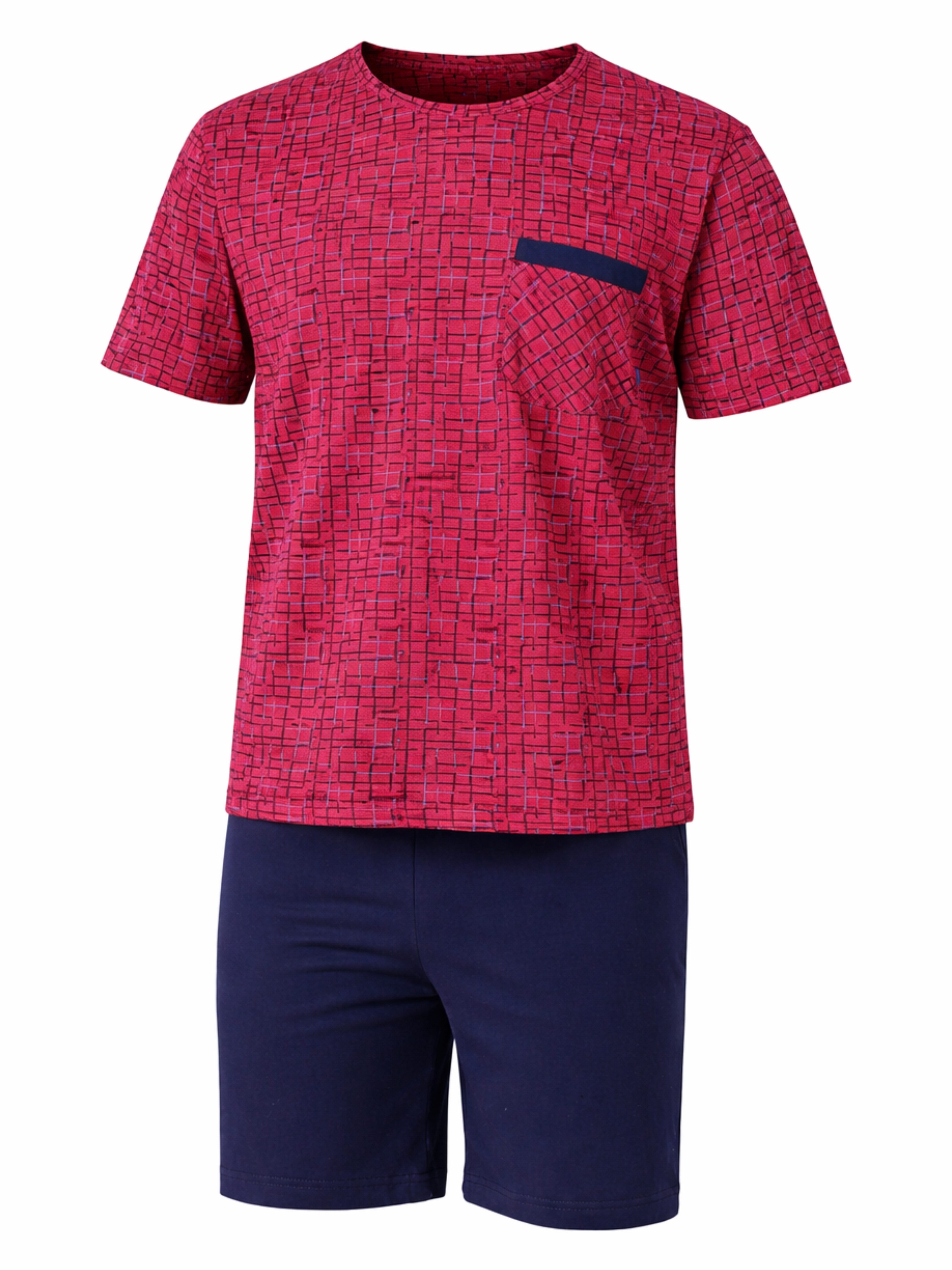HOTBERG Shorty Kurzarm Pyjama Herren (2 tlg) gemustertes T-Shirt & Shorts in Dunkelblau
