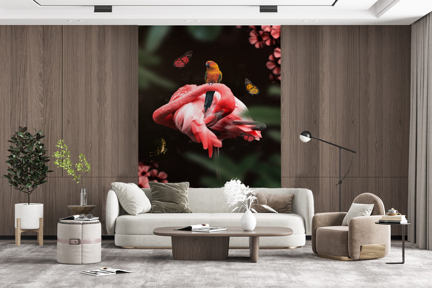 Vinyl Wandtapete Flamingo Wohnzimmer, St), - Dschungel - MuchoWow Schmetterling, (3 Matt, Papagei für Fototapete - bedruckt, Montagefertig Tapete