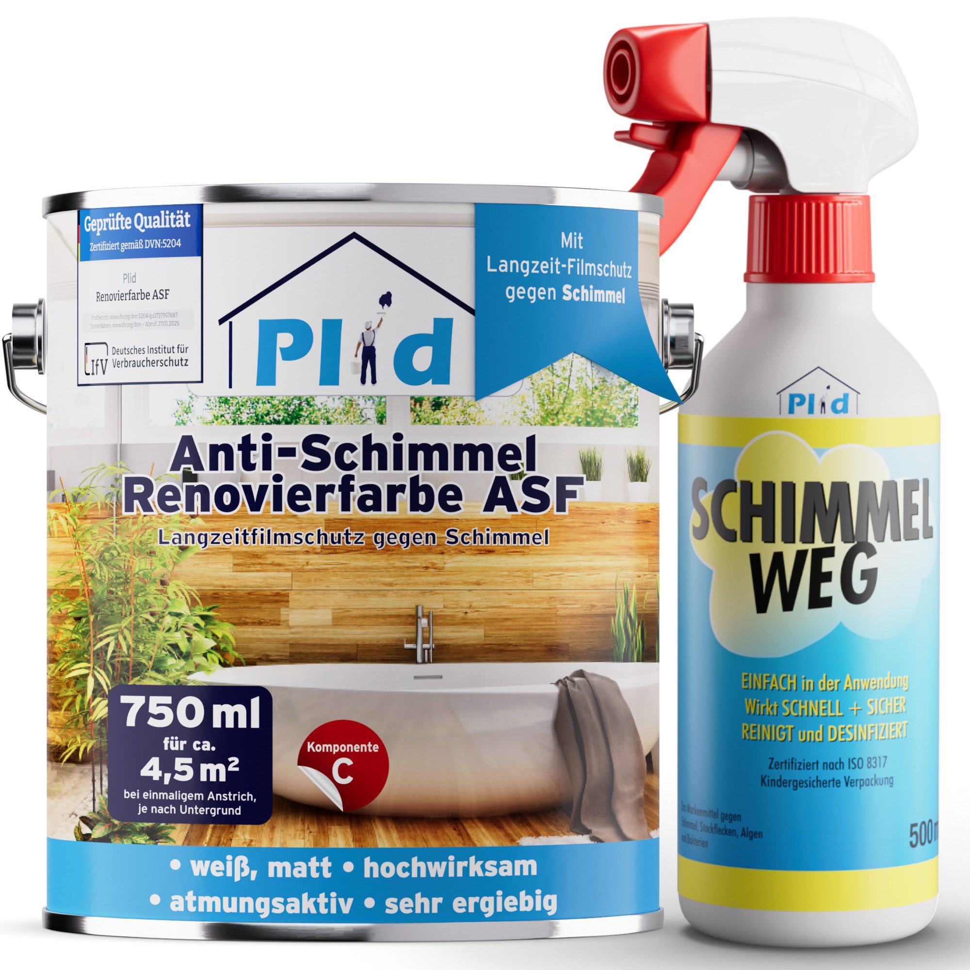 plid Wandfarbe Renovierfarbe ASF Weiß, 2,5l für ca. 15m² alle Wände, Schimmelschutzfarbe Hohe Deckkraft