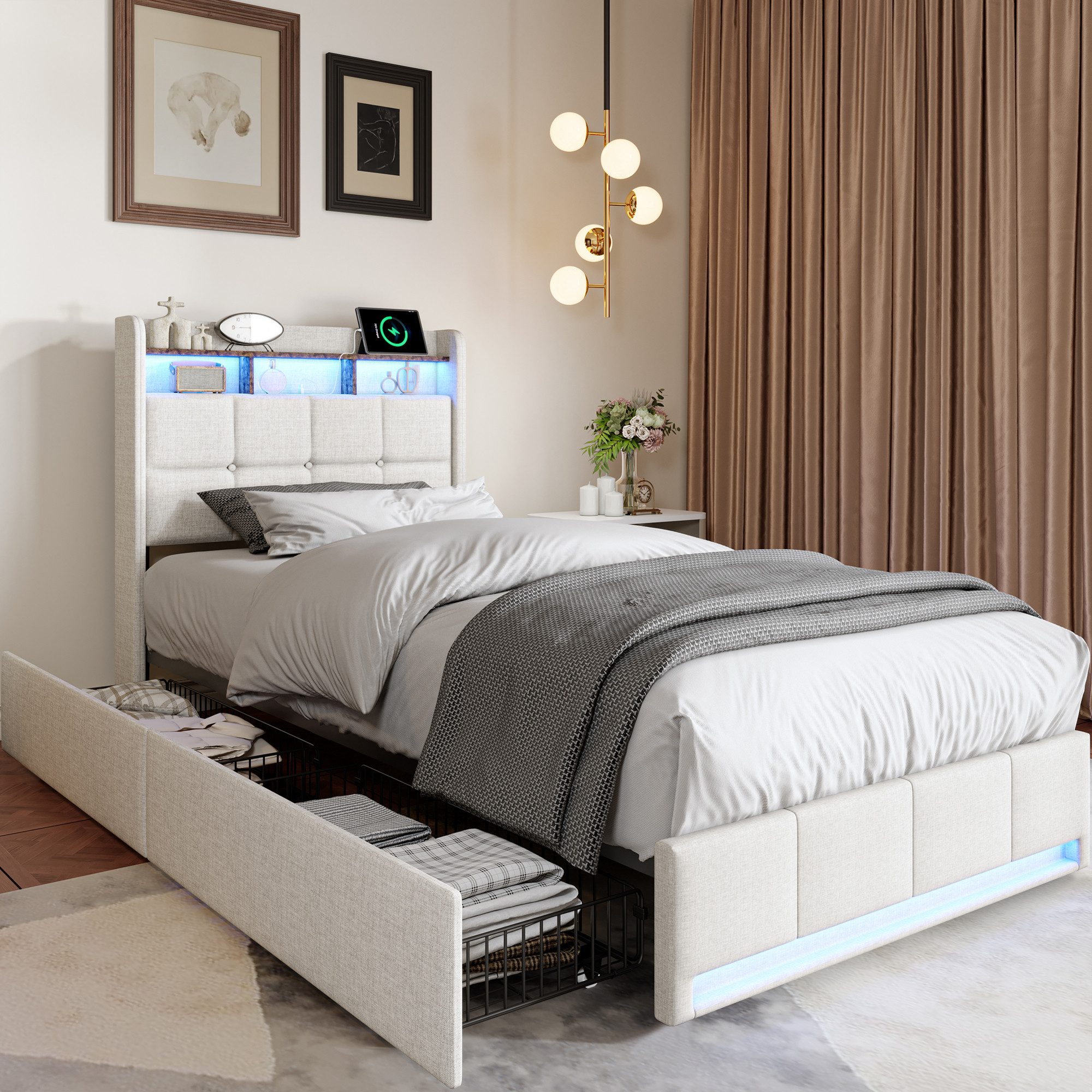 Furnishings Home Polsterbett LED Doppelbett 140x200cm, Stauraumbett mit Kopfteil und 4 Schubladen (Leinenmaterial Polsterbett mit RGB Beleuchtung), mit Lattenrost und Ladefunktion, mit Komforthöhe, Leises Design Bett