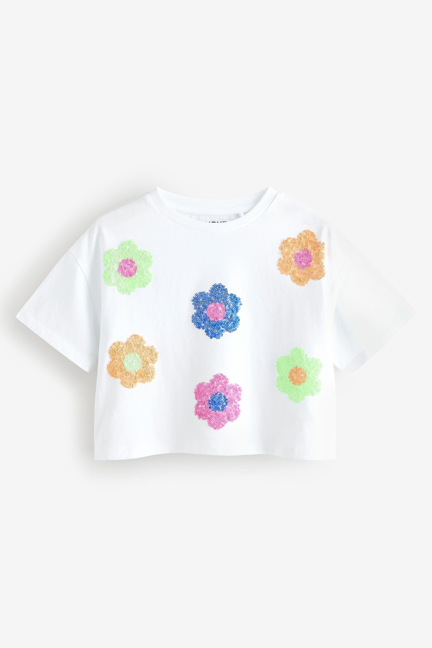 Next Paillettenshirt 4er-Pack kastige T-Shirts mit Paillettenblumen (4-tlg)