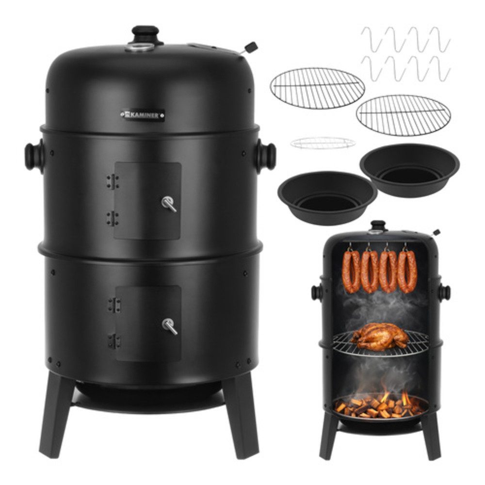 Kaminer Kombigrill Holzkohlegrill 3-in-1 Gartenräucherofen, Spar-Set, Feuerbox, Eingebauten Thermometers und der regulierbaren Luftzirkulation