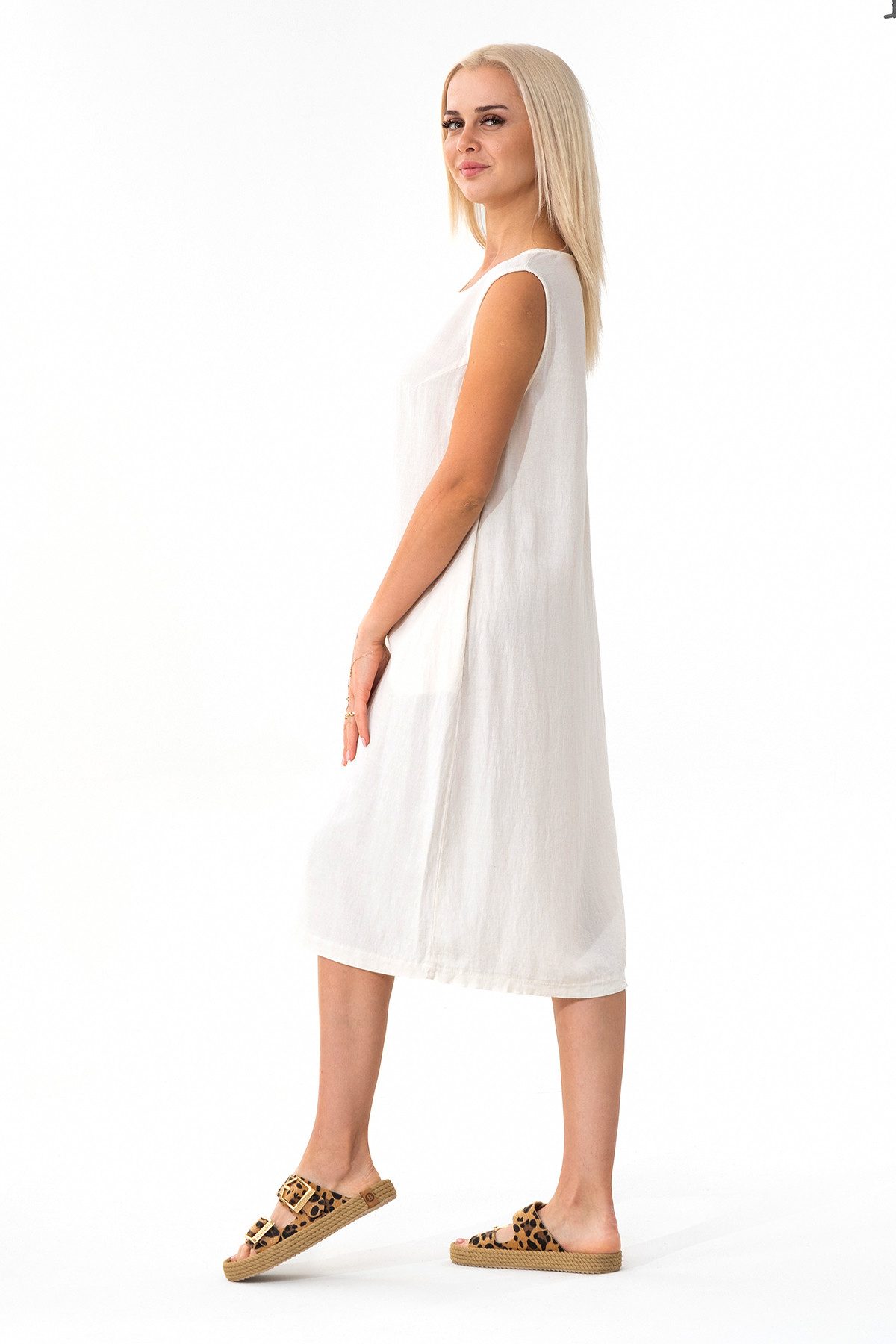WENOR Sommerkleid aus Leinenmix mit Taschen, Strandkleid ärmellos, locker geschnitten (1-tlg) Ideal für warme Tage, pflegeleicht, mit Eingrifftaschen