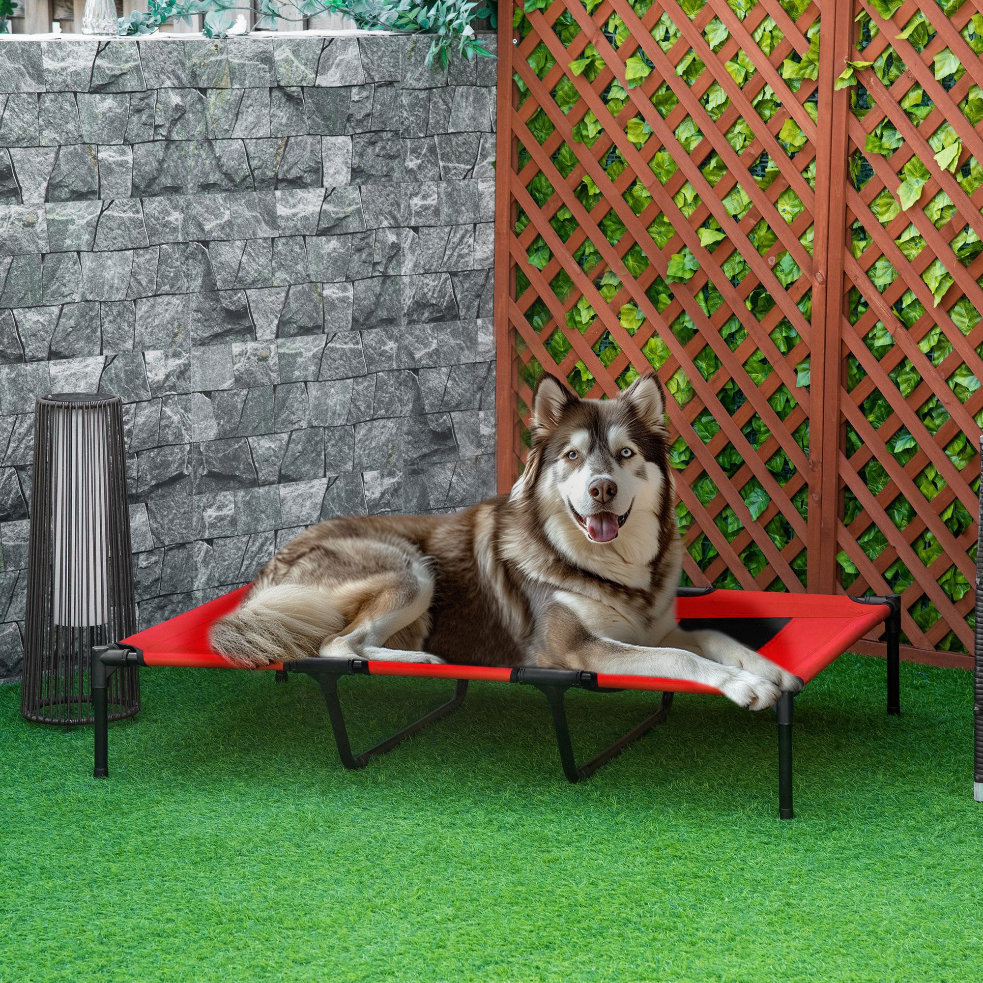 PawHut Tierbett Hundeliege Outdoor erhöht kühlend Mesh Metallrahmen 122x92x23cm, Oxford, Texteline-Stoff, für Garten, Balkon, Rot