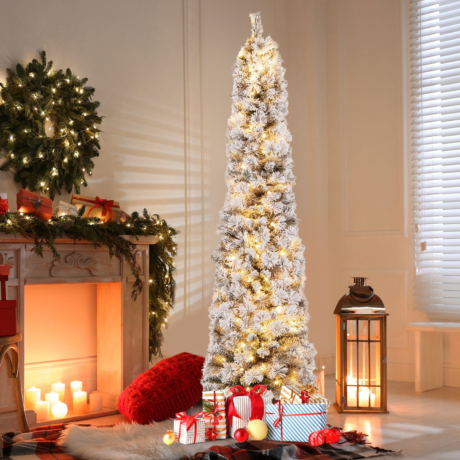 COSTWAY Künstlicher Weihnachtsbaum, 180cm schmal mit Schnee und 150 LEDs