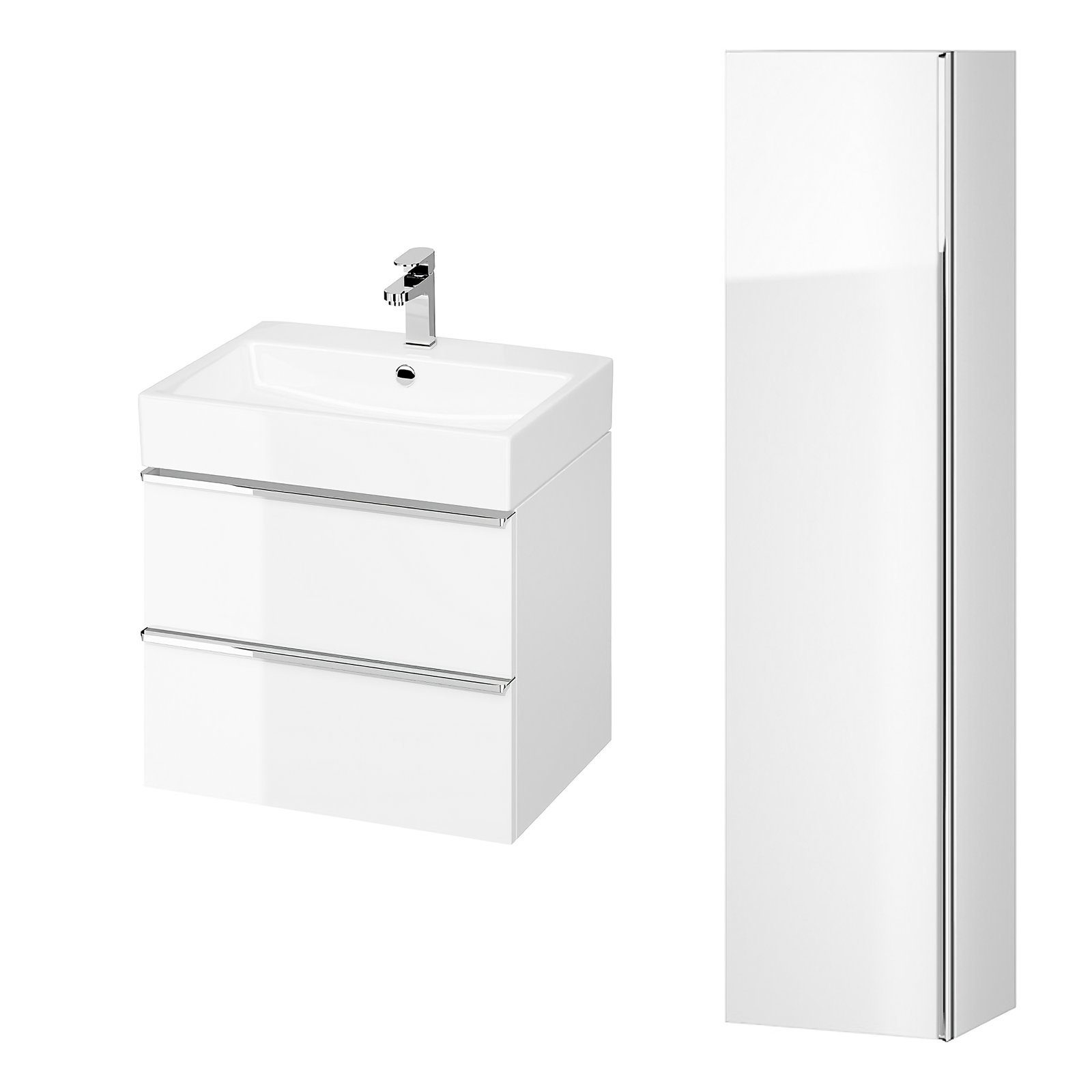 KOLMAN Badmöbel-Set VIRGO 60 Waschbecken-Unterschrank mit Hochschrank 160x40x30, (Silber Möbelgriffe, Weiß) | Badmöbel-Sets