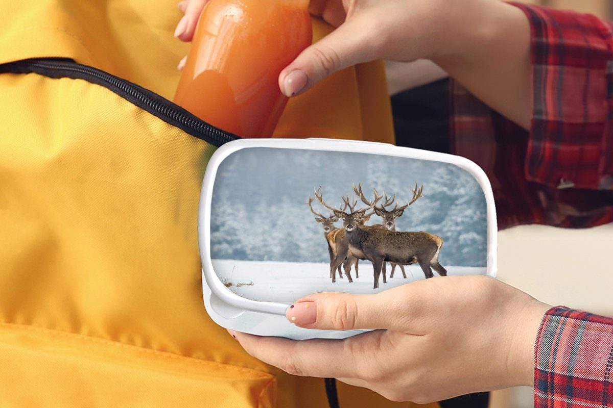 MuchoWow Lunchbox Hirsche - Winter Jungs Mädchen (2-tlg), - - für Brotbox weiß Brotdose, und für Landschaft und Kinder Kunststoff, Tiere - Natur, Erwachsene, Schnee 