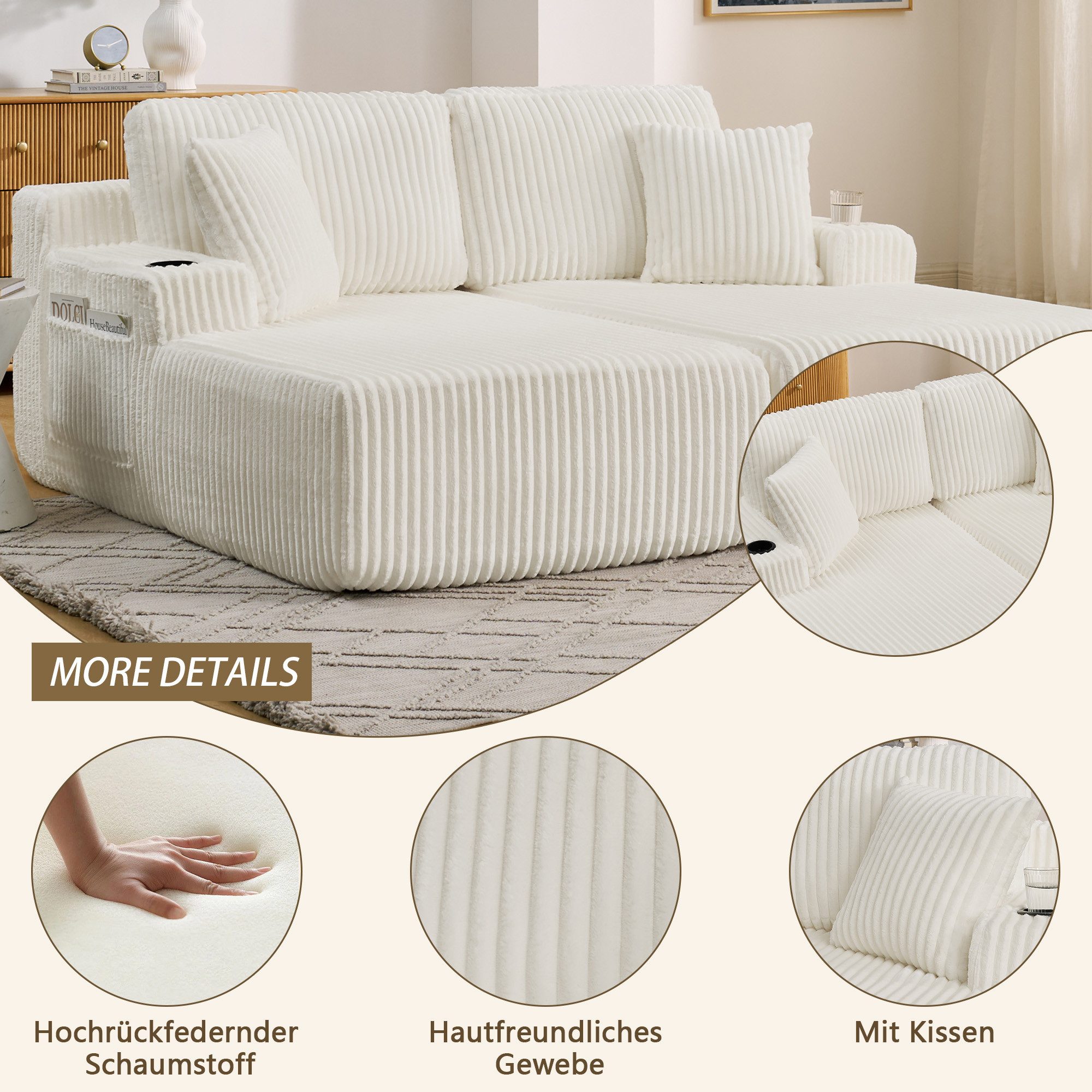 Celya Sofa 2-Sitzer Relax-Schlafsofa, Lounge-Sessel, weich Kordstoff, mit seitlicher Magazintasche, Getränkehalter und Kissen, für Wohnzimmer, Spielzimmer, Arbeitszimmer, Gästezimmer und Wohnung