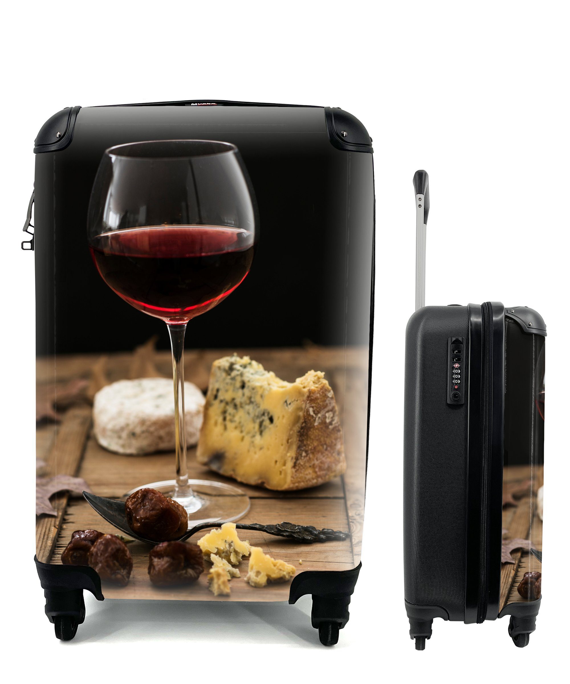 MuchoWow Handgepäckkoffer Rotwein mit Käse auf einem Holzbrett, 4 Rollen, Reisetasche mit rollen, Handgepäck für Ferien, Trolley, Reisekoffer