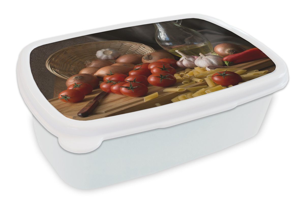 (2-tlg), Pasta Jungs MuchoWow - und Mädchen - - weiß Aus und für Kunststoff, für Kinder Tomate - Schneidebrett - Brotbox -, Erwachsene, Brotdose, Gemüse Lunchbox Stillleben