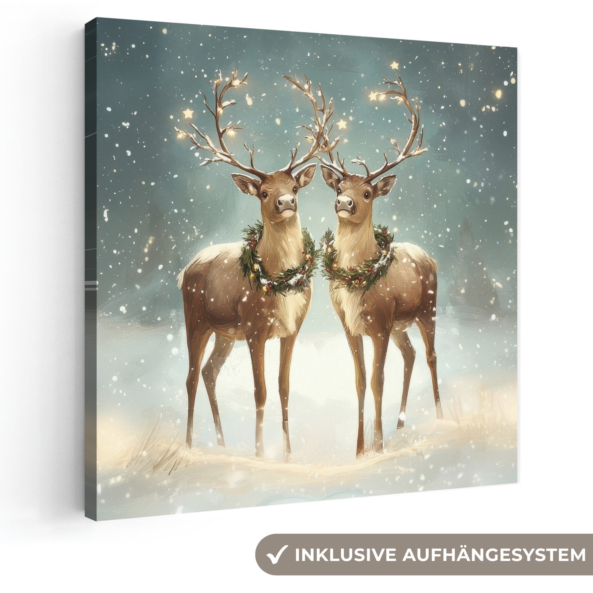 OneMillionCanvasses® Leinwandbild Weihnachtszauber - Winterwald - Rentier, Fotodruck (1 St), Wandbild, Deko Schlafzimmer Wohnzimmer Flur 20x20 cm