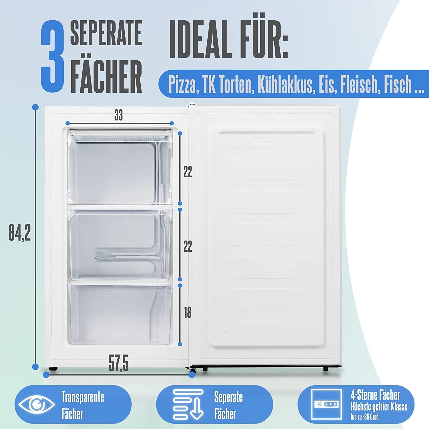 Heinrich´s Gefrierschrank HGS 4089 W, 84.2 cm hoch, 47.5 cm breit, Freezer, 3x Gefrierschublade, 85 Liter, Temperatur:-18°C~-38°C, weiß – Bild 3 von 5