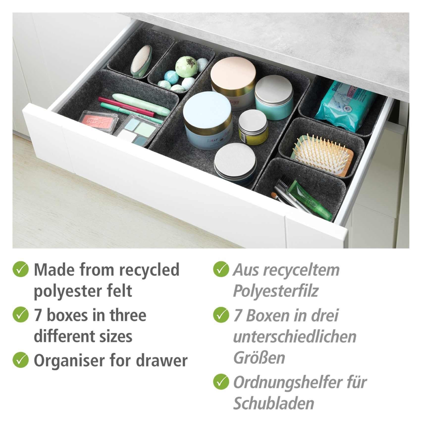 WENKO Organizer (Set, 7 St), Aufbewahrungsboxen für Schubladen, 3 Größen, recycelter Polyesterfilz