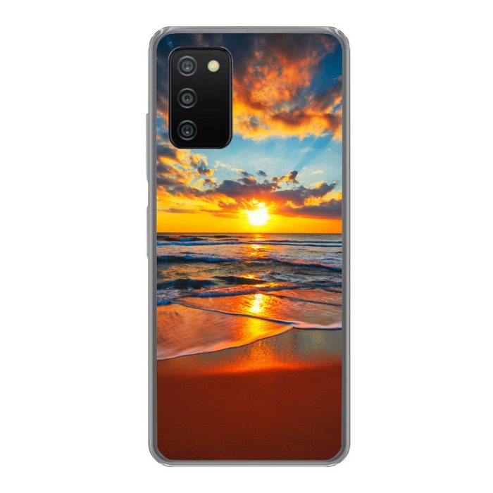 MuchoWow Handyhülle Meer - Sonnenuntergang - Strand - Wolken - Orange Handyhülle Telefonhülle Samsung Galaxy A03s