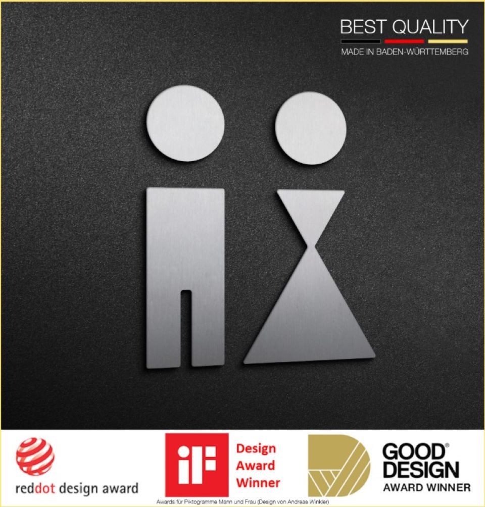 PHOS Design Hinweisschild, WC-Piktogramm aus Edelstahl - Damen & Herren (Design-Award), (Modell: P0101), selbstklebend - 100% Made in Germany
