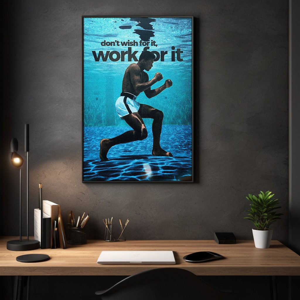 SimpleCanvas Wandbild Work for it - Leinwandbild Motivation, Wandbild Boxer unter Wasser, Training, Arbeit