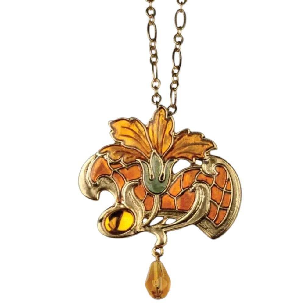 Dark-Desires Kette und Anhänger Set Jugendstil Lilie Anhänger-Kette – Orange & Gold mit Glastropfen