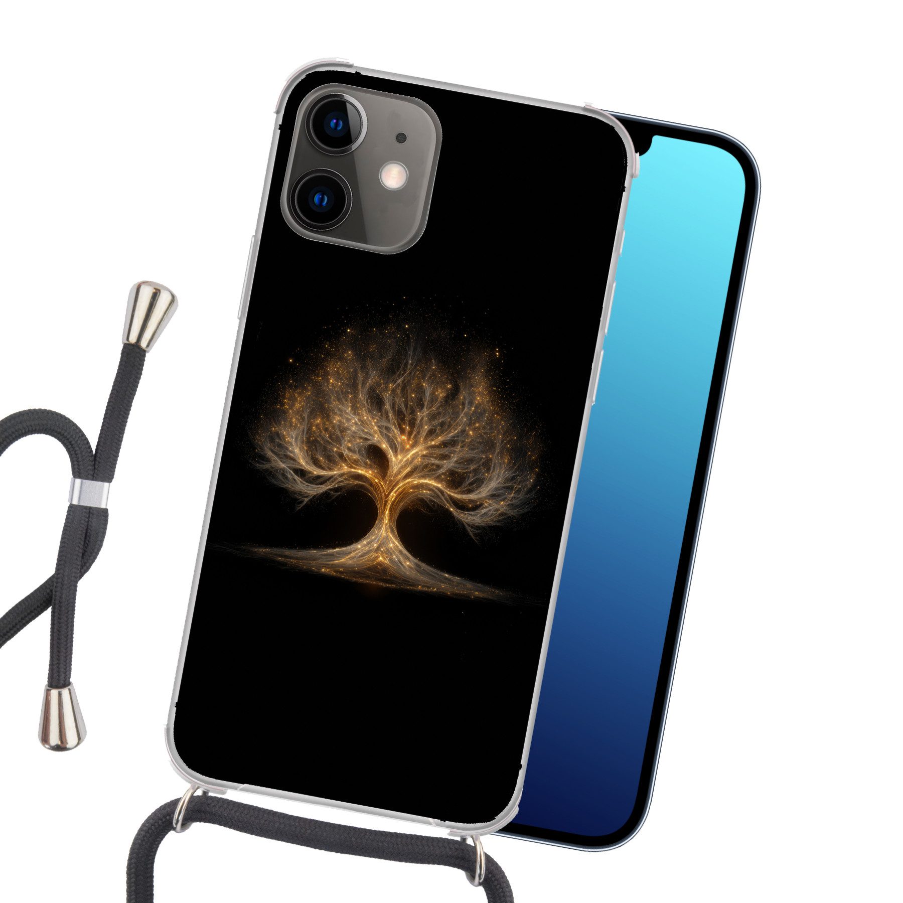 MuchoWow Handyhülle für Apple iPhone 12 Lichter - Baum - Abstrakt - Schwarz, Tragbare Handyhüllen mit Kette zum umhängen, Handykette Handyband