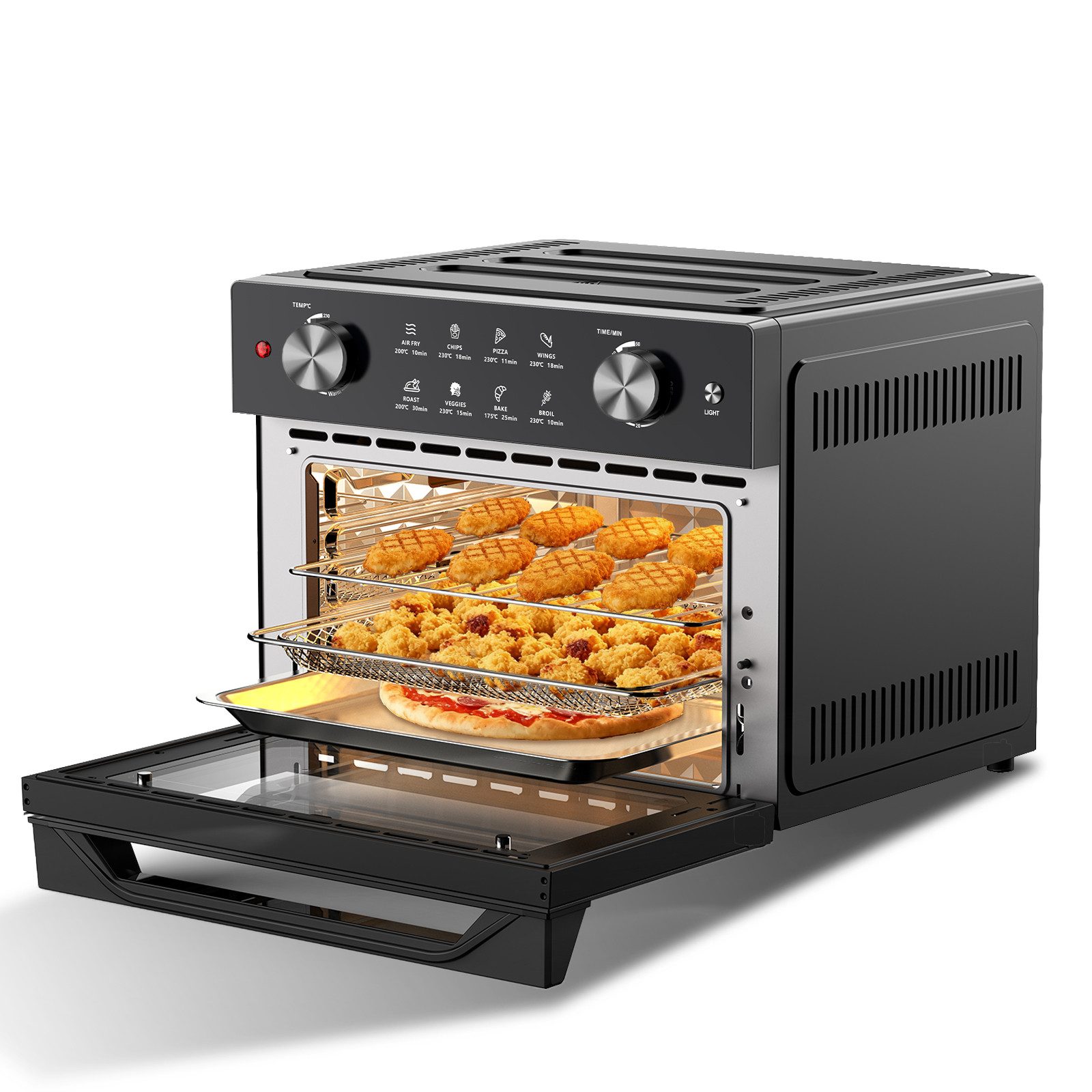 Azmsary Multiofen 360° Heißluft für gesunde, knusprige Gerichte ohne Fett, Zwei Drehknöpfe, vier Ebenen, mehr Essen auf einmal zubereiten.