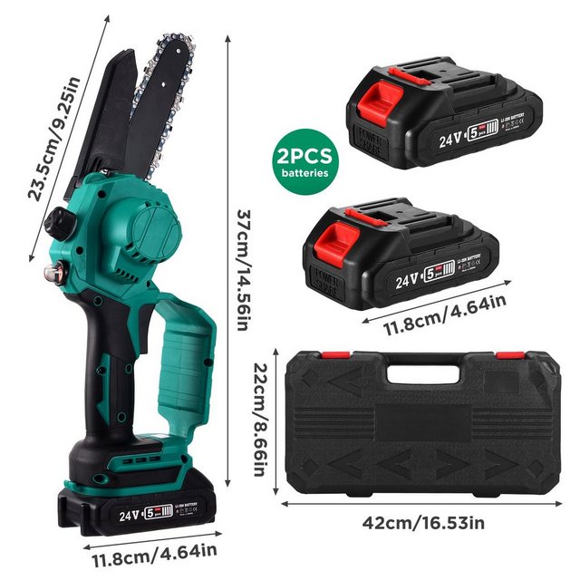 BlingBin Akku-Kettensäge 6 Zoll 500W Elektrische Akku-Kettensäge mit Bürstenlosem Motor, 18,50 cm Schwertlänge, 2x 24V/5C/2Ah Akku und Schnellladegerat, kabellose Kettensäge mit Sicherheitssperre